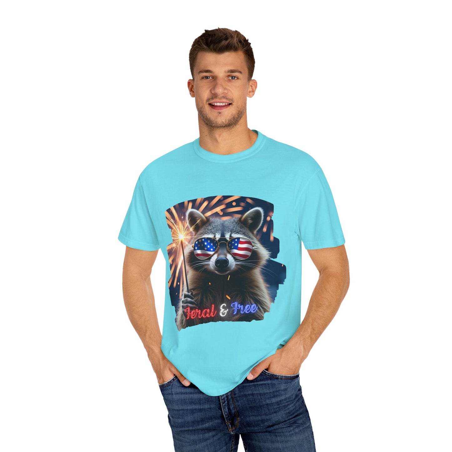 Stay wild in our “Feral & Free” tee! Featuring a raccoon rocking flag aviators, a sparkler in paw, and fireworks bursting behind—it’s pure chaotic patriotic energy for your summer vibe.