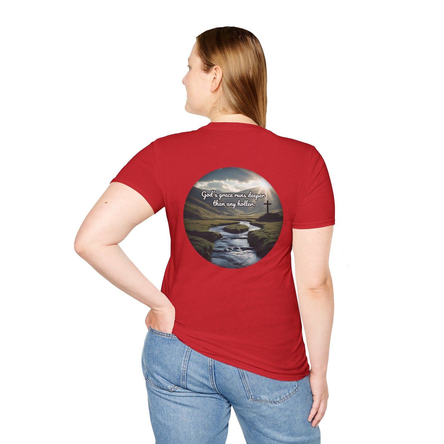 God’s Grace Runs Deeper Than Any Holler Christian Country Shirt – Faith Shirt with Mountain & Cross Back Design