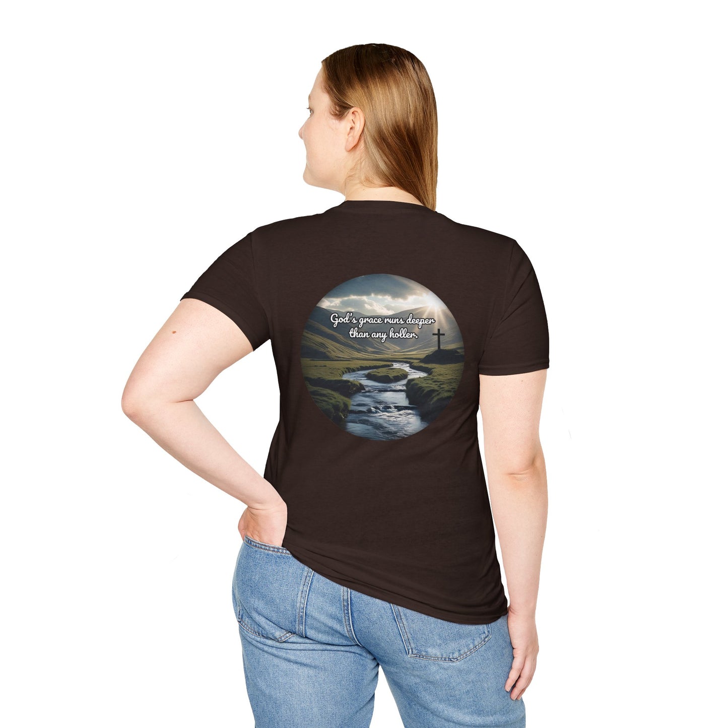 God’s Grace Runs Deeper Than Any Holler Christian Country Shirt – Faith Shirt with Mountain & Cross Back Design