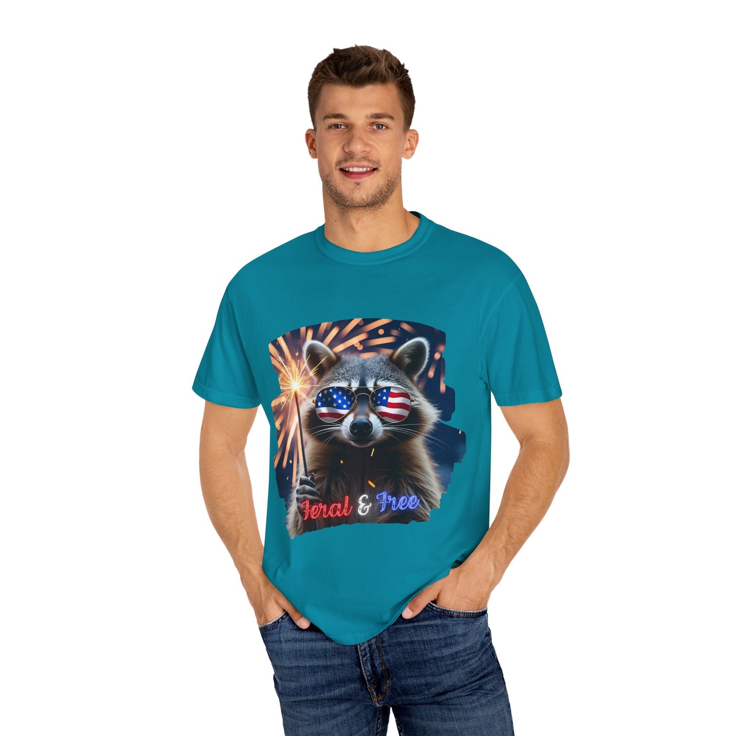 Stay wild in our “Feral & Free” tee! Featuring a raccoon rocking flag aviators, a sparkler in paw, and fireworks bursting behind—it’s pure chaotic patriotic energy for your summer vibe.