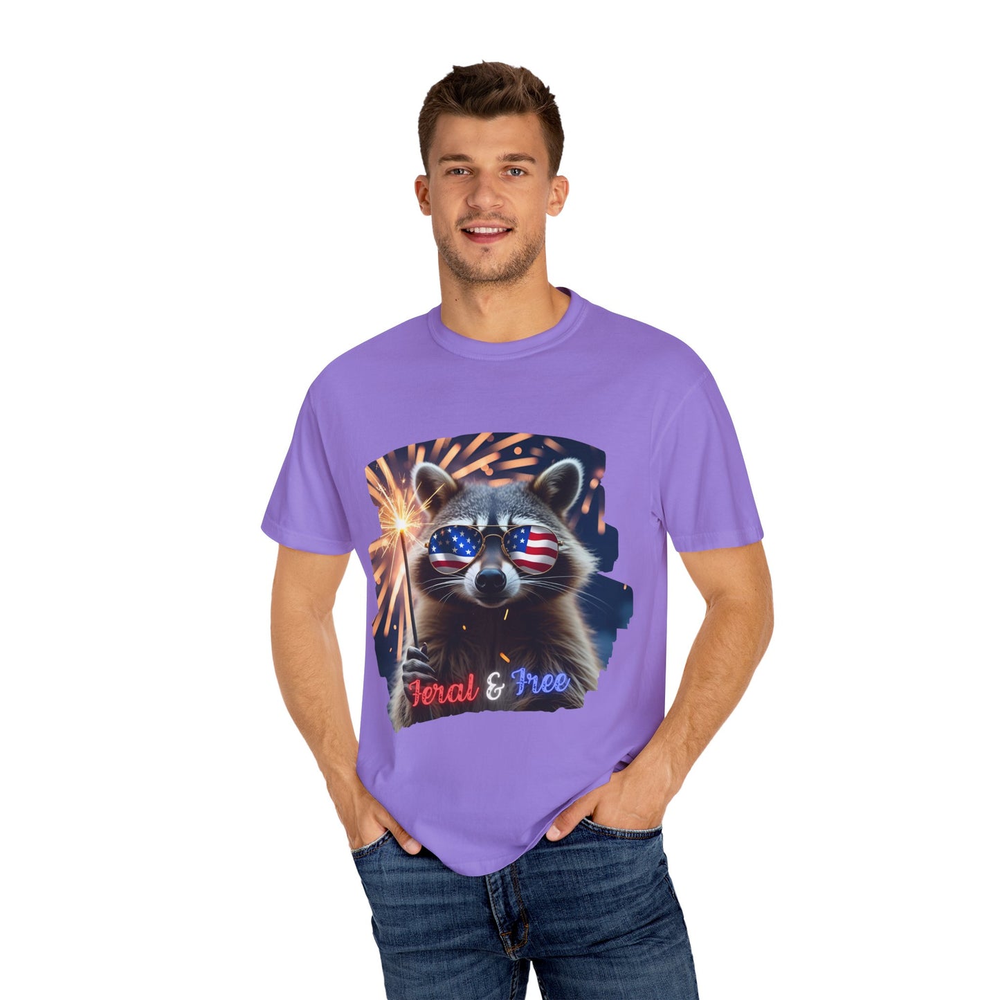 Stay wild in our “Feral & Free” tee! Featuring a raccoon rocking flag aviators, a sparkler in paw, and fireworks bursting behind—it’s pure chaotic patriotic energy for your summer vibe.
