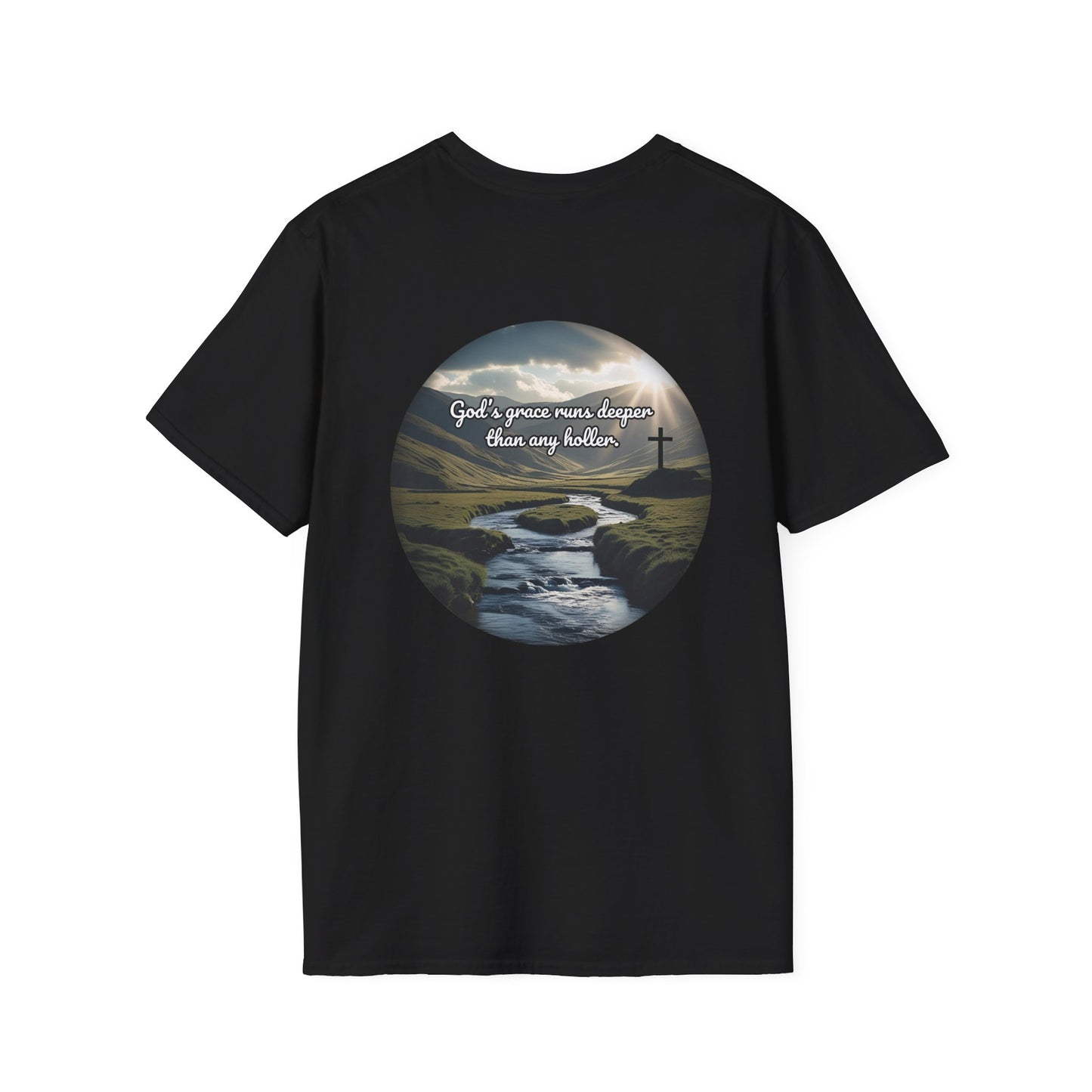 God’s Grace Runs Deeper Than Any Holler Christian Country Shirt – Faith Shirt with Mountain & Cross Back Design