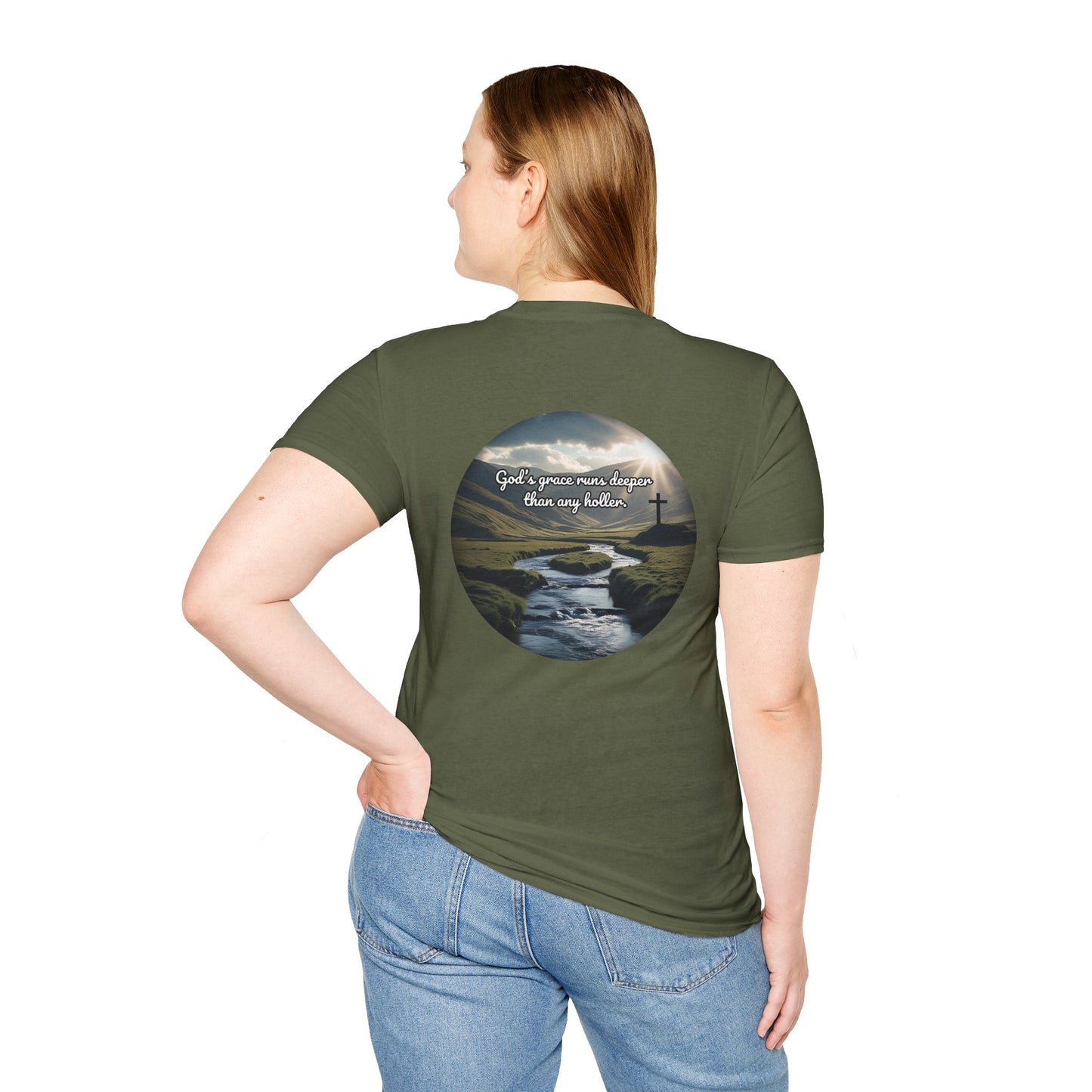 God’s Grace Runs Deeper Than Any Holler Christian Country Shirt – Faith Shirt with Mountain & Cross Back Design