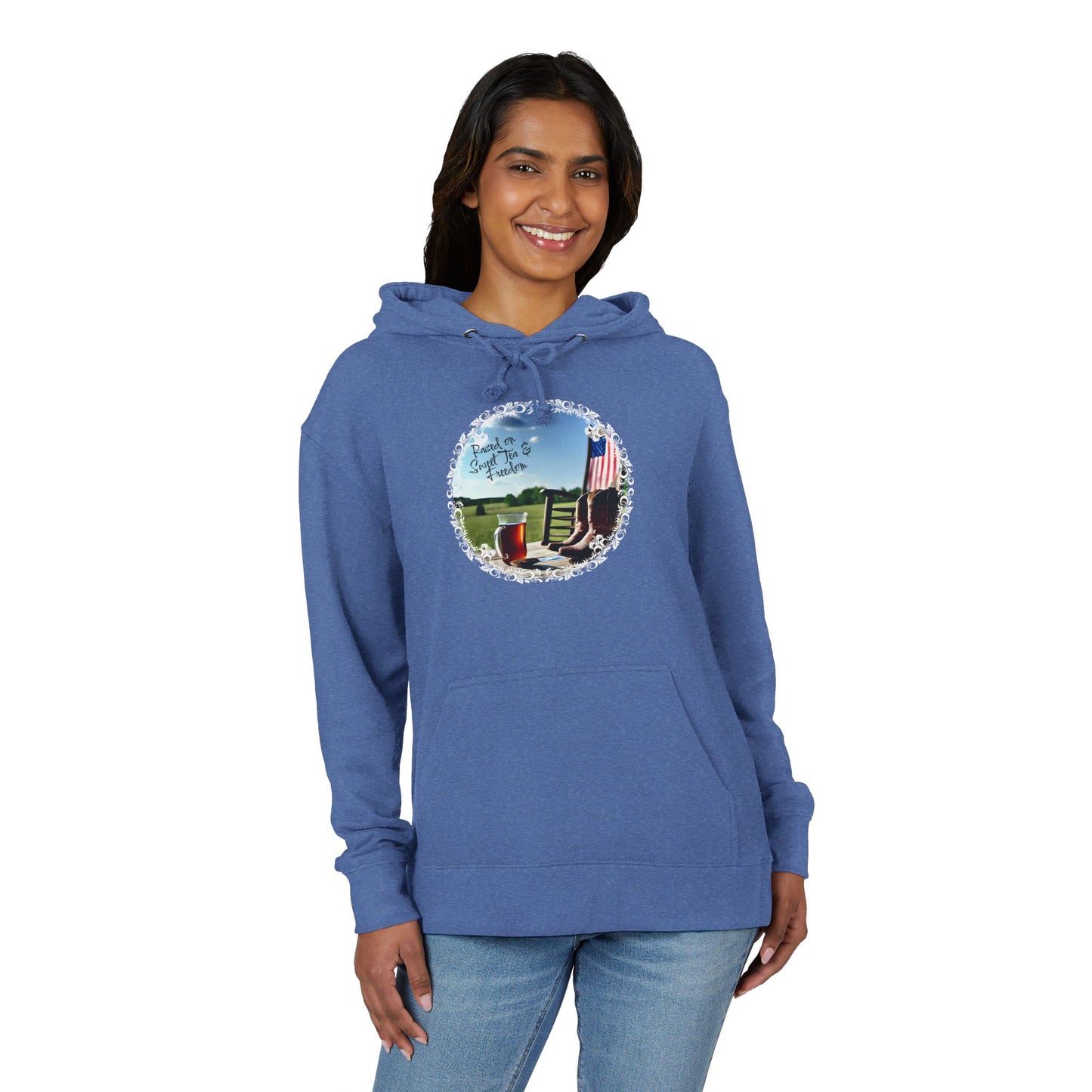 Sweet, Southern, and just a little savage. This French terry hoodie serves comfort with a side of attitude—because if you were raised on sweet tea and freedom, you already know you’re built different.