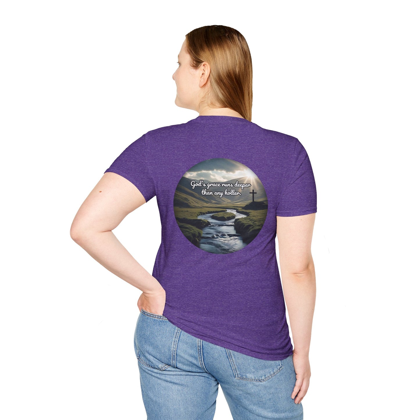 God’s Grace Runs Deeper Than Any Holler Christian Country Shirt – Faith Shirt with Mountain & Cross Back Design
