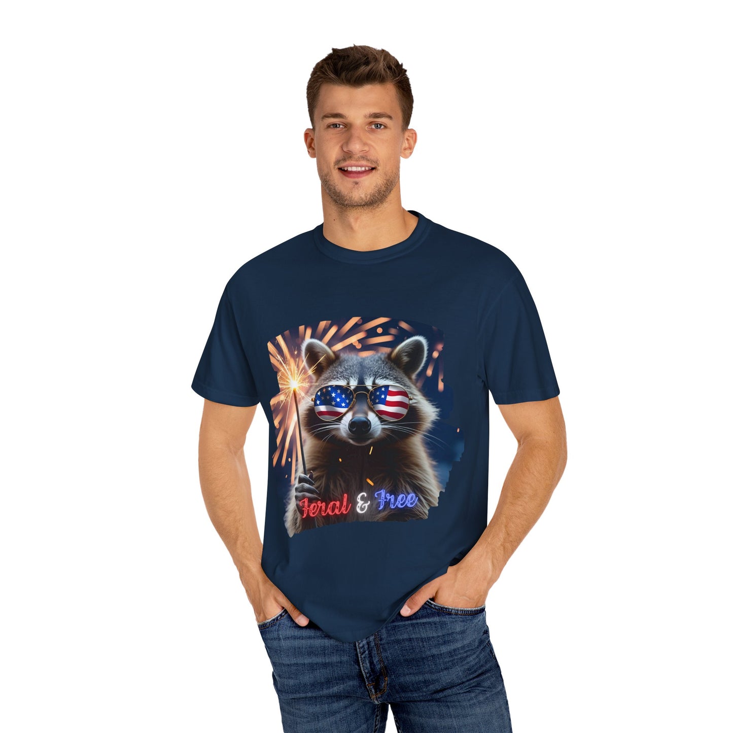 Stay wild in our “Feral & Free” tee! Featuring a raccoon rocking flag aviators, a sparkler in paw, and fireworks bursting behind—it’s pure chaotic patriotic energy for your summer vibe.