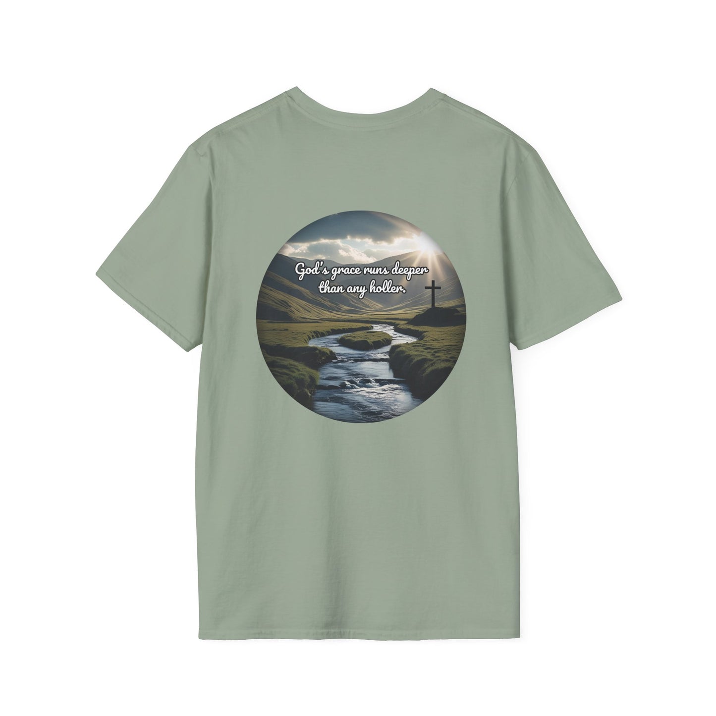 God’s Grace Runs Deeper Than Any Holler Christian Country Shirt – Faith Shirt with Mountain & Cross Back Design