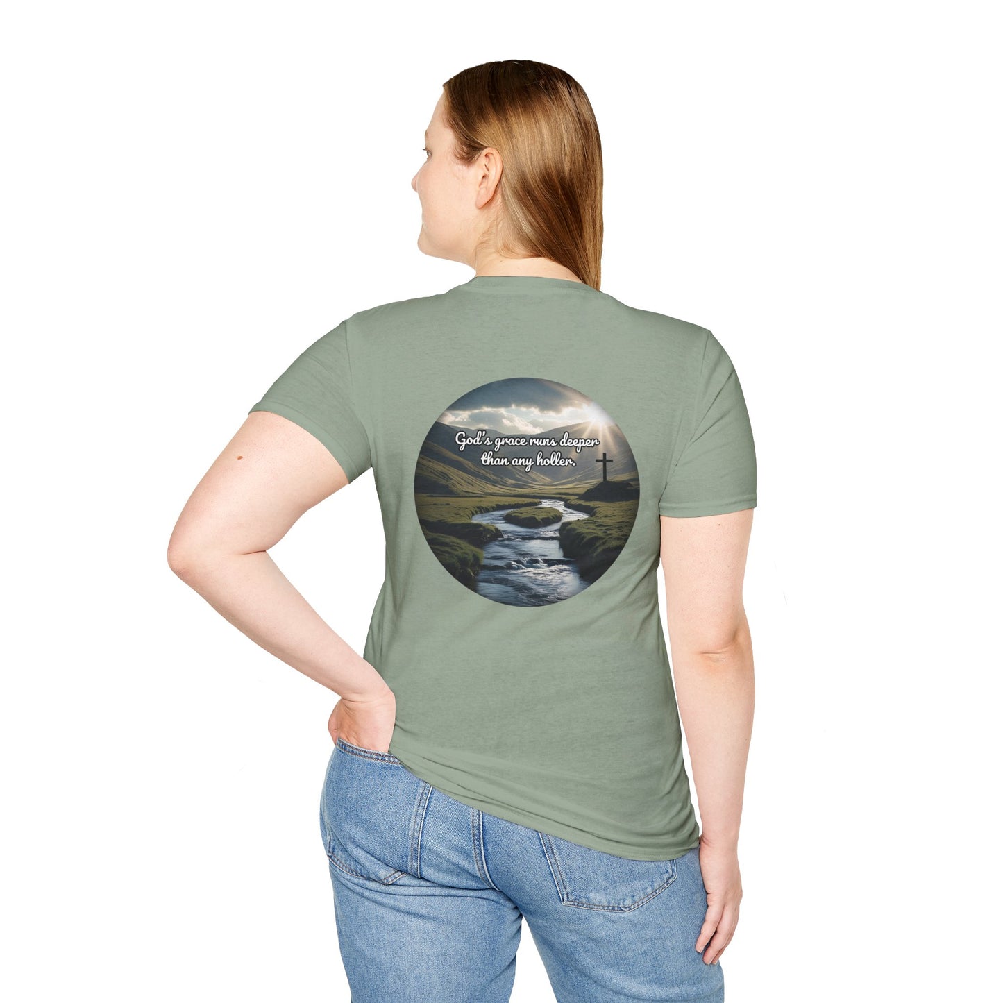 God’s Grace Runs Deeper Than Any Holler Christian Country Shirt – Faith Shirt with Mountain & Cross Back Design