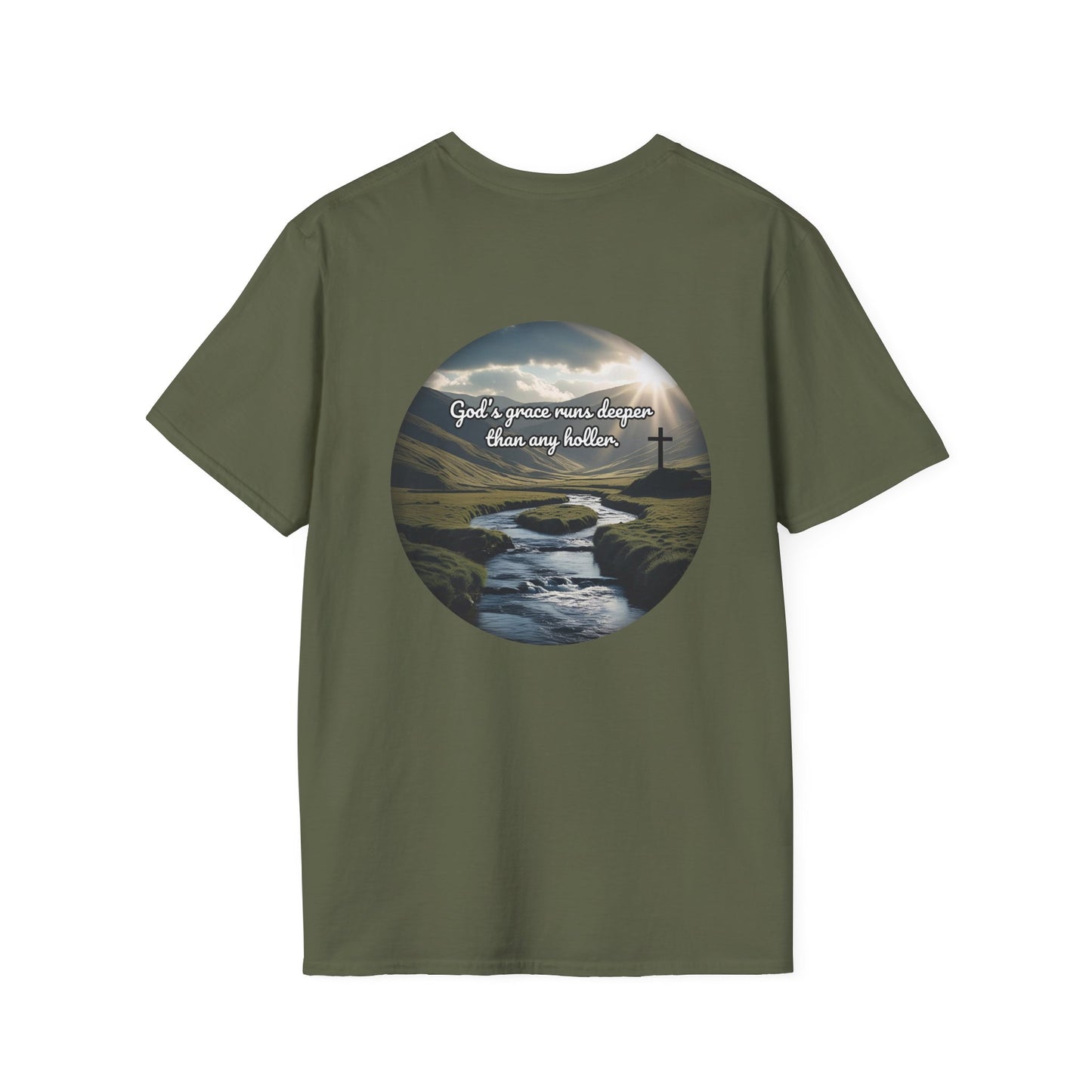 God’s Grace Runs Deeper Than Any Holler Christian Country Shirt – Faith Shirt with Mountain & Cross Back Design