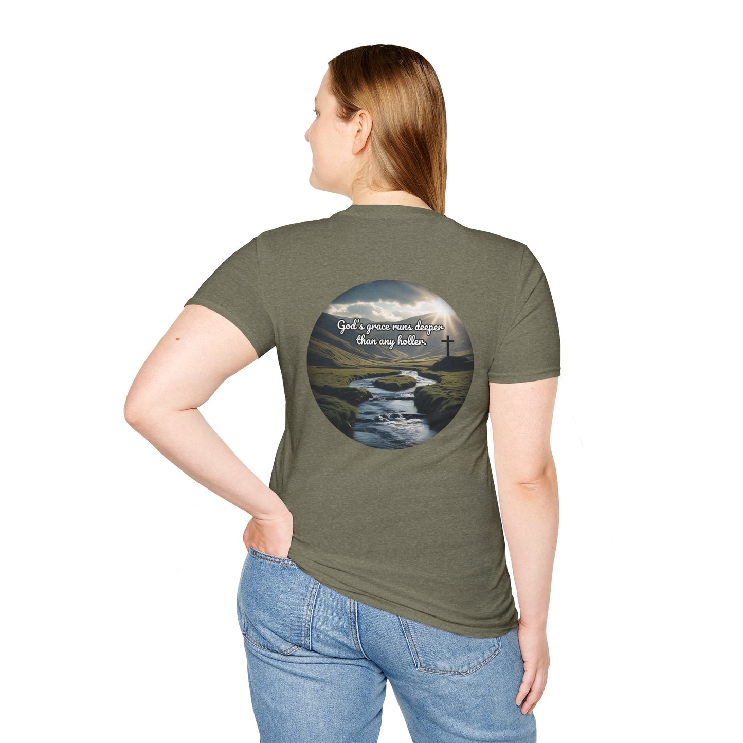 God’s Grace Runs Deeper Than Any Holler Christian Country Shirt – Faith Shirt with Mountain & Cross Back Design