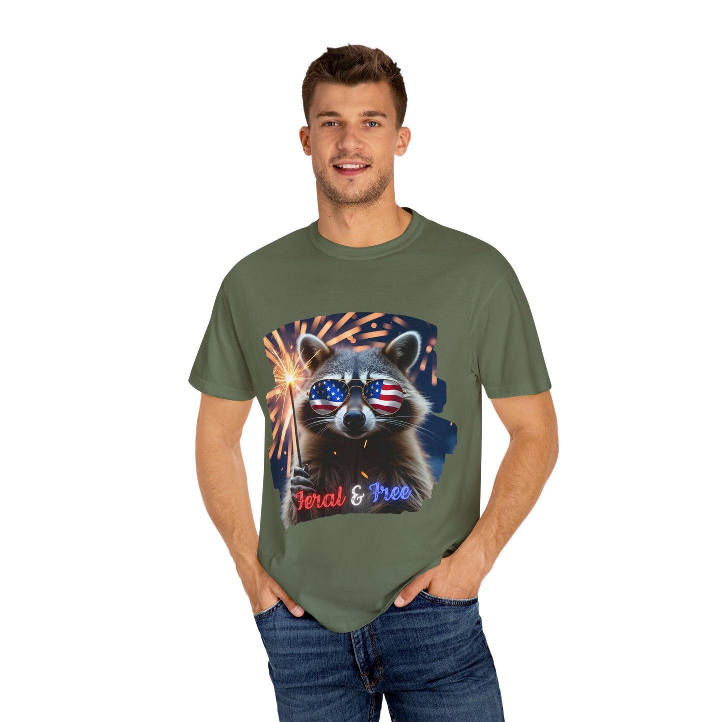 Stay wild in our “Feral & Free” tee! Featuring a raccoon rocking flag aviators, a sparkler in paw, and fireworks bursting behind—it’s pure chaotic patriotic energy for your summer vibe.