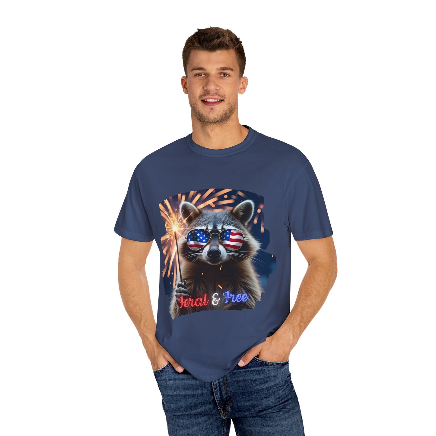 Stay wild in our “Feral & Free” tee! Featuring a raccoon rocking flag aviators, a sparkler in paw, and fireworks bursting behind—it’s pure chaotic patriotic energy for your summer vibe.