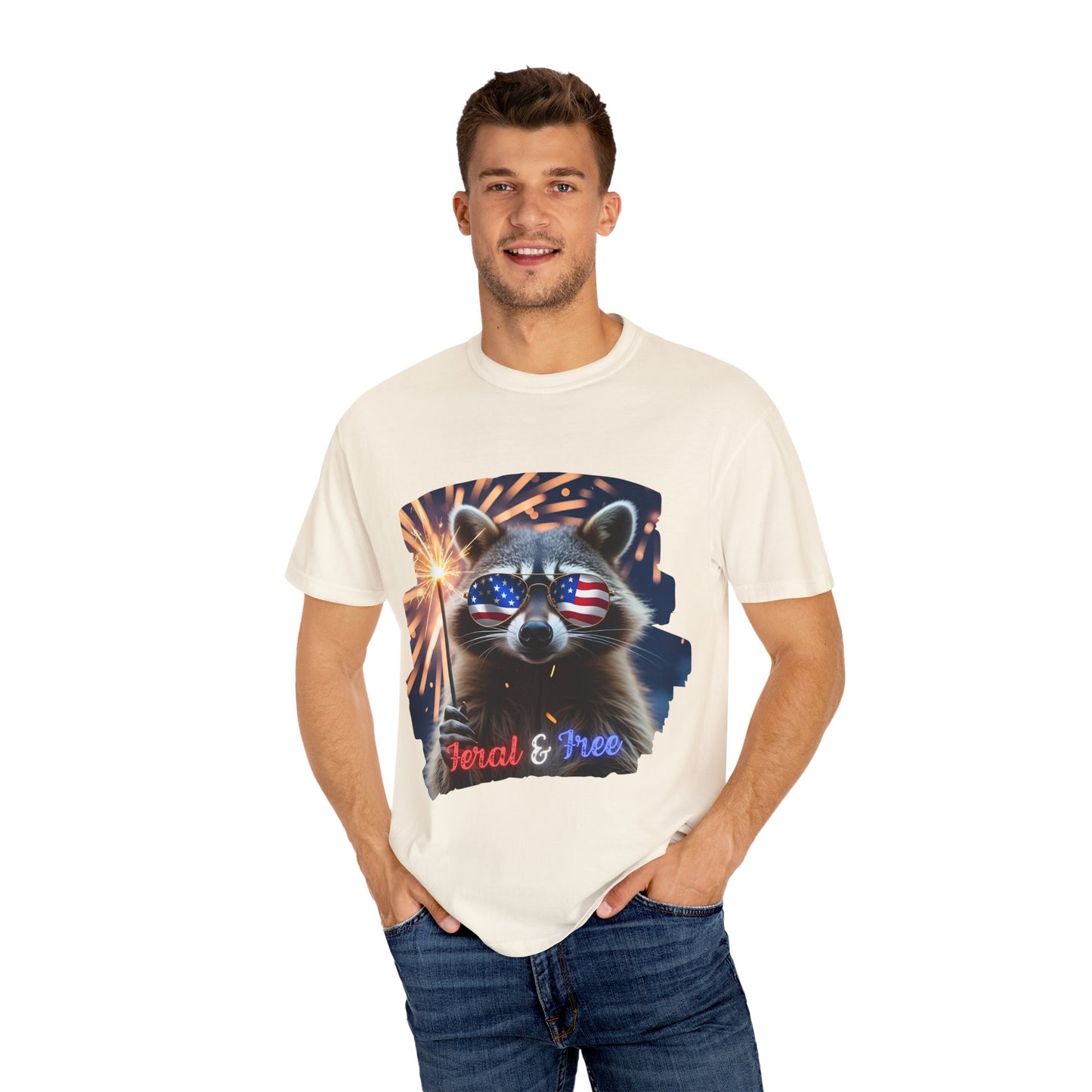 Stay wild in our “Feral & Free” tee! Featuring a raccoon rocking flag aviators, a sparkler in paw, and fireworks bursting behind—it’s pure chaotic patriotic energy for your summer vibe.