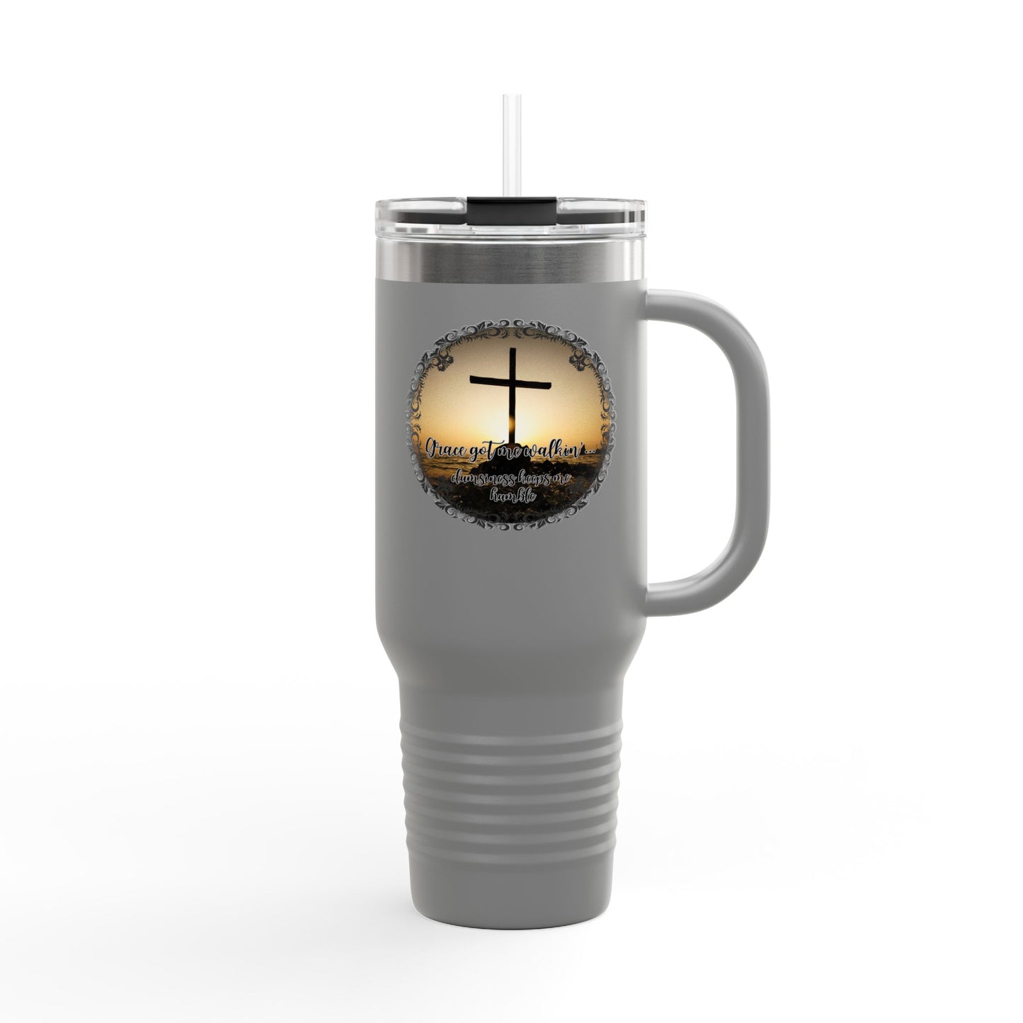 Grace Got Me Walking | 40oz Insulated Christian Travel Mug | Cross + Sun Design | 7 Colors