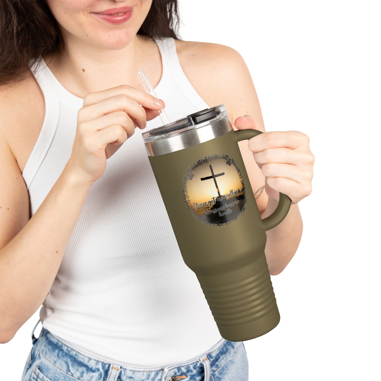 Grace Got Me Walking | 40oz Insulated Christian Travel Mug | Cross + Sun Design | 7 Colors