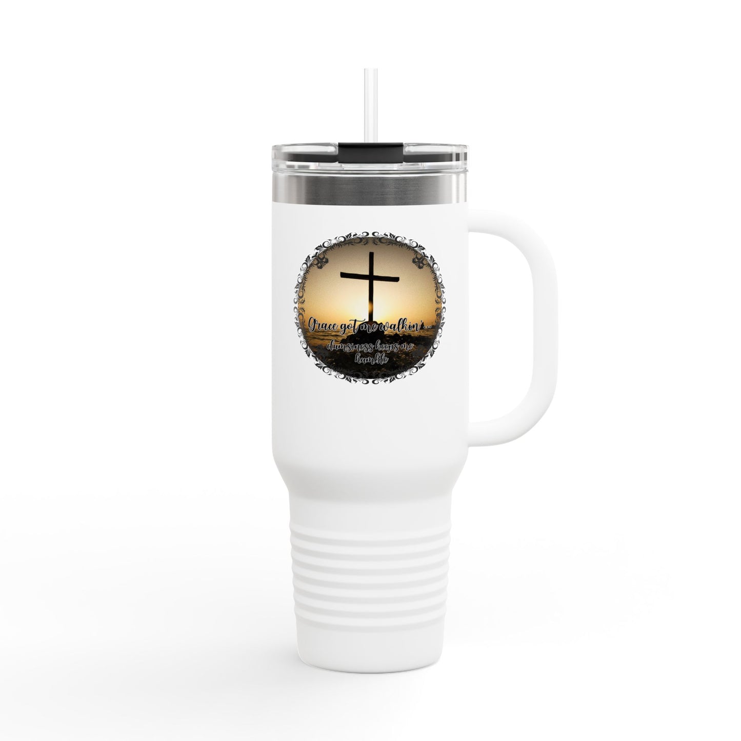 Grace Got Me Walking | 40oz Insulated Christian Travel Mug | Cross + Sun Design | 7 Colors