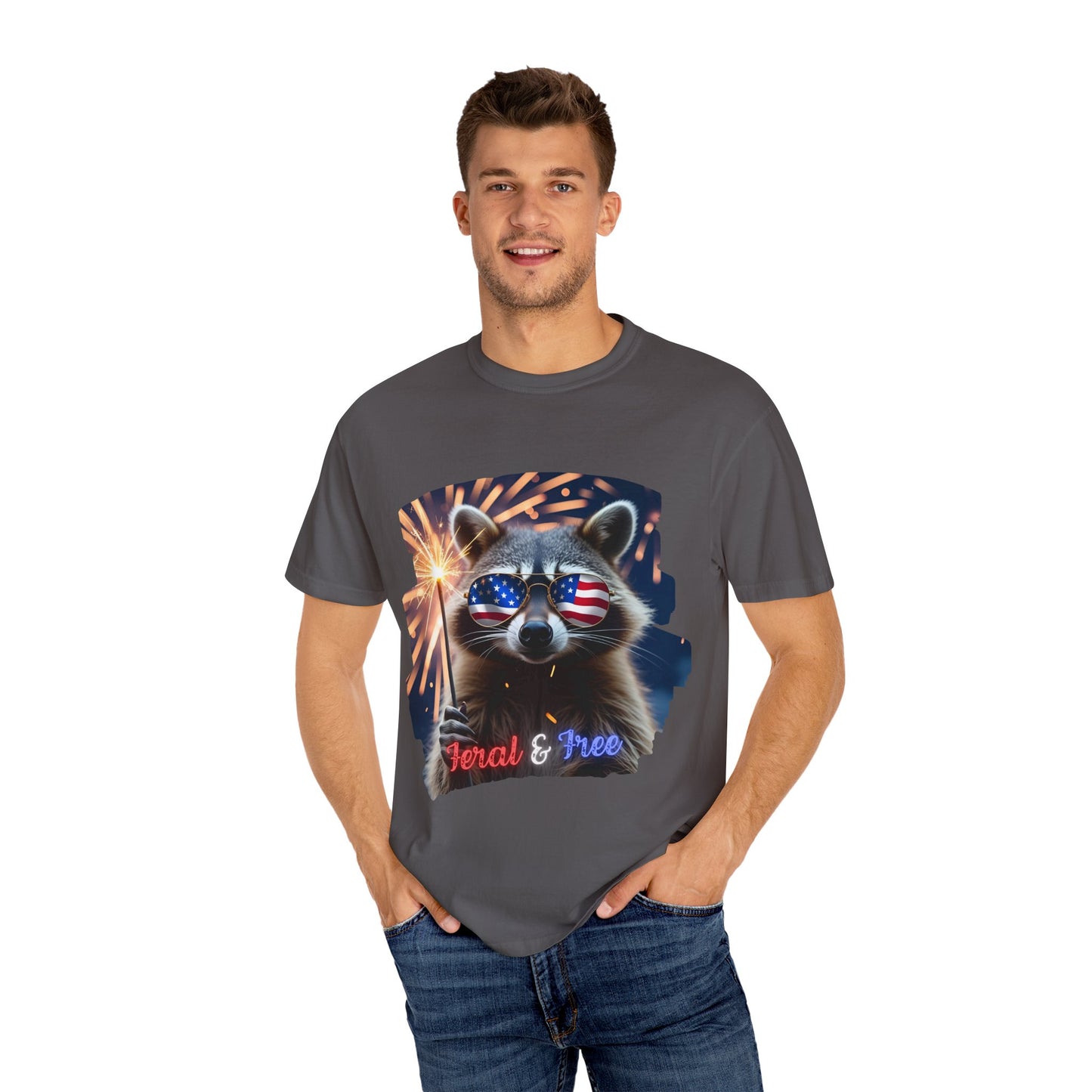 Stay wild in our “Feral & Free” tee! Featuring a raccoon rocking flag aviators, a sparkler in paw, and fireworks bursting behind—it’s pure chaotic patriotic energy for your summer vibe.