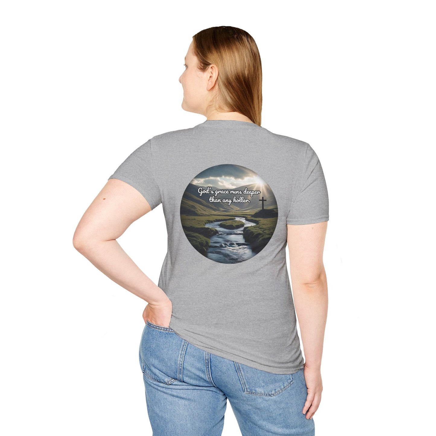 God’s Grace Runs Deeper Than Any Holler Christian Country Shirt – Faith Shirt with Mountain & Cross Back Design