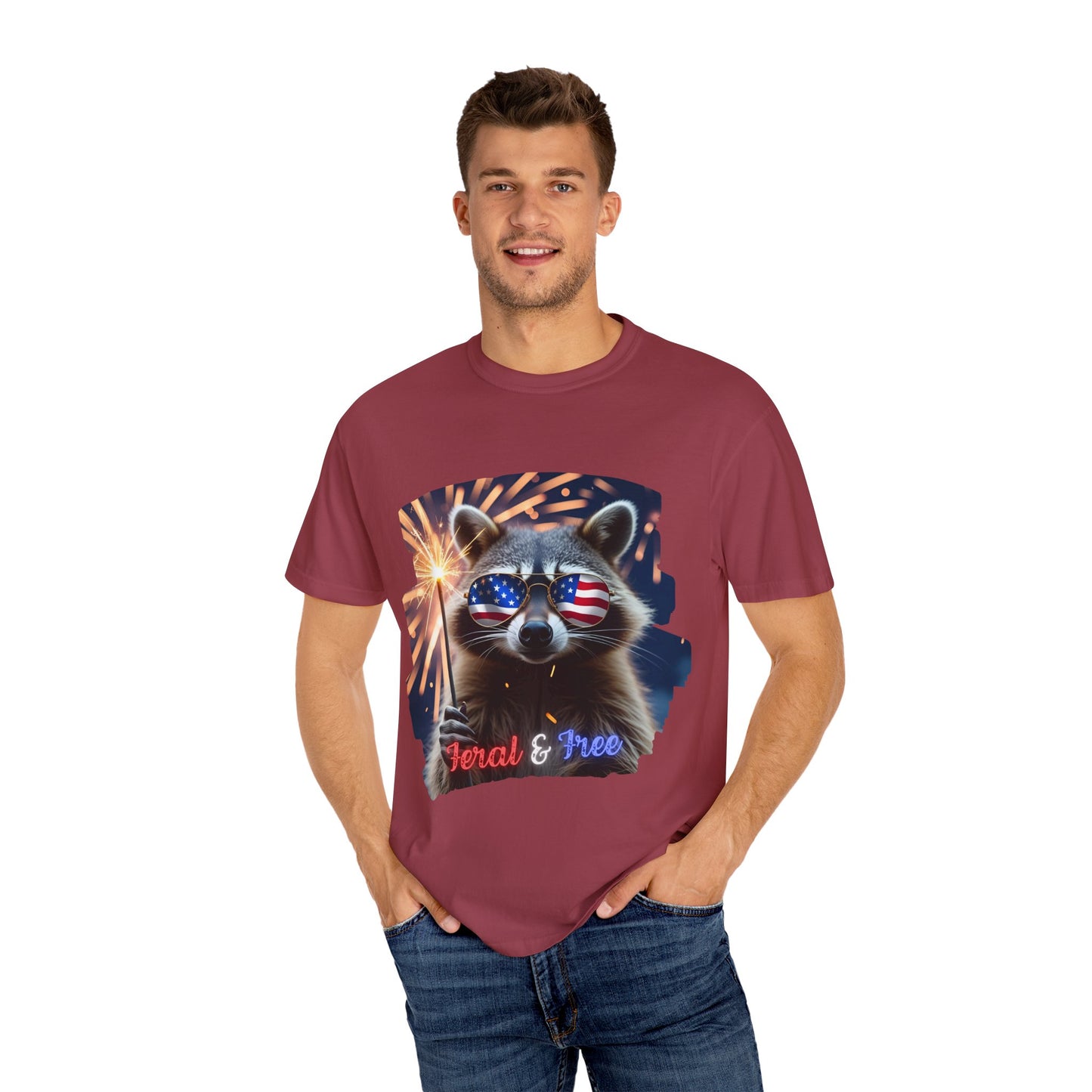 Stay wild in our “Feral & Free” tee! Featuring a raccoon rocking flag aviators, a sparkler in paw, and fireworks bursting behind—it’s pure chaotic patriotic energy for your summer vibe.