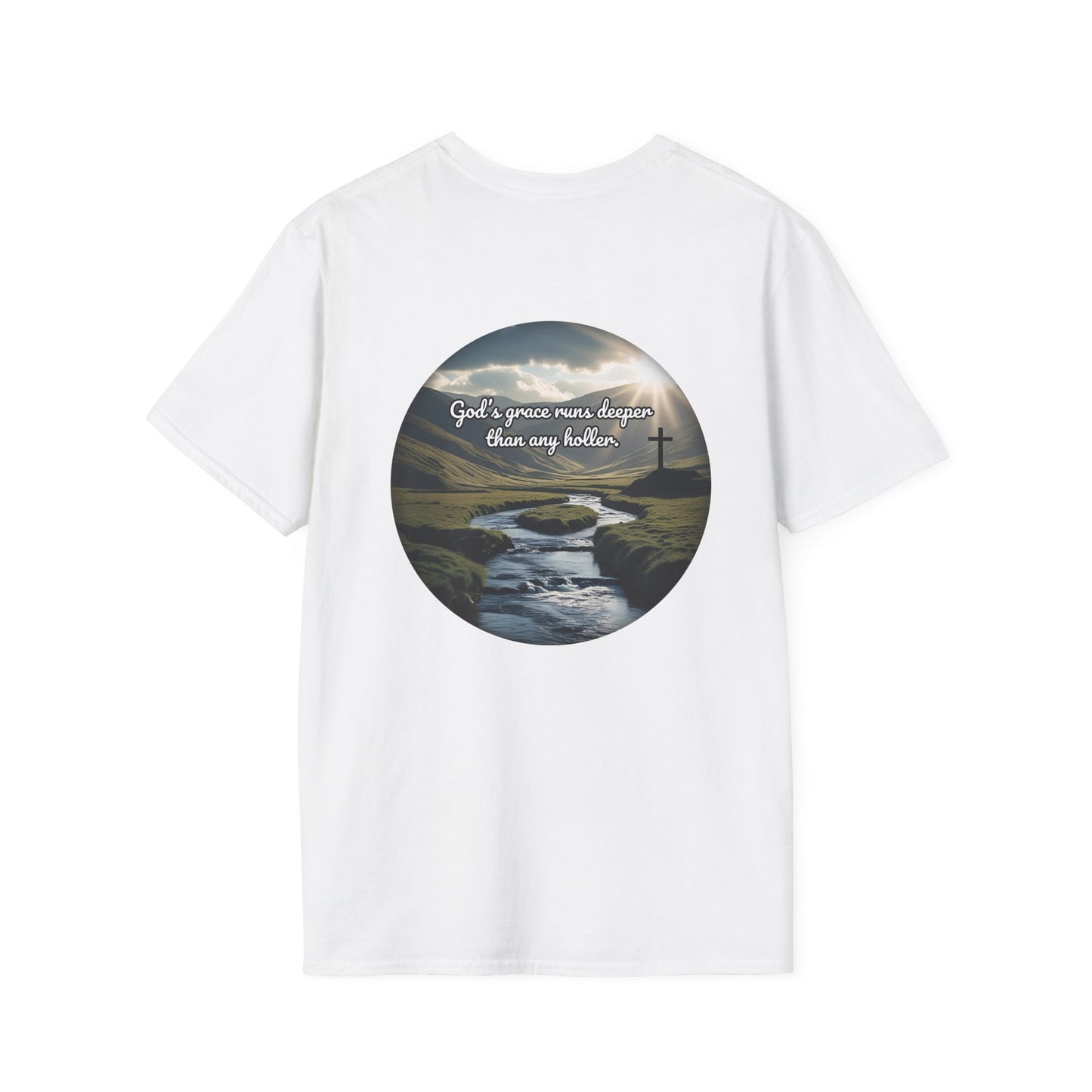 God’s Grace Runs Deeper Than Any Holler Christian Country Shirt – Faith Shirt with Mountain & Cross Back Design