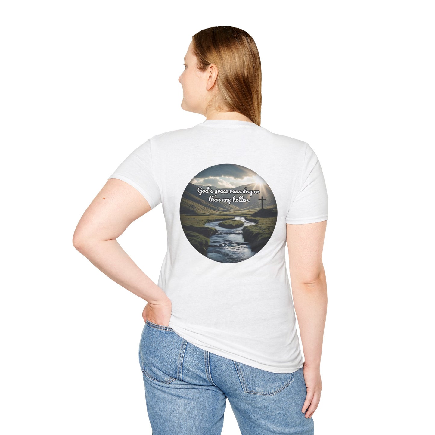God’s Grace Runs Deeper Than Any Holler Christian Country Shirt – Faith Shirt with Mountain & Cross Back Design