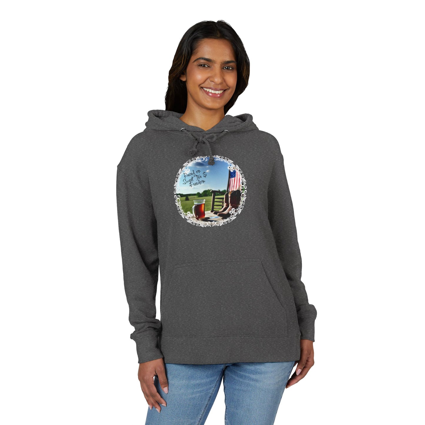 Sweet, Southern, and just a little savage. This French terry hoodie serves comfort with a side of attitude—because if you were raised on sweet tea and freedom, you already know you’re built different.
