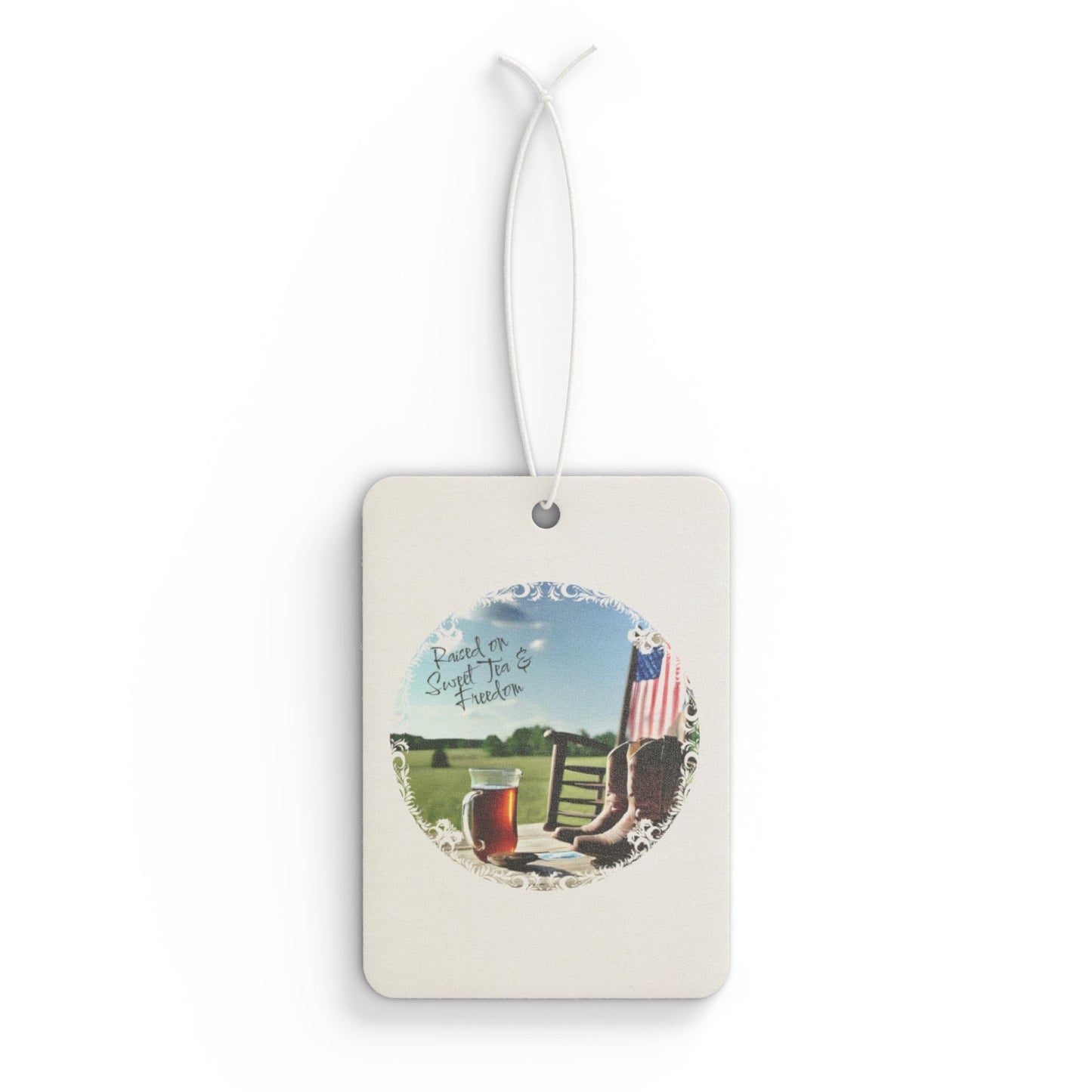 Freshen up with country charm! This “Raised on Sweet Tea and Freedom” air freshener brings sweet Southern vibes and a patriotic punch to your ride. Perfect for proud, sweet-tea-loving souls!