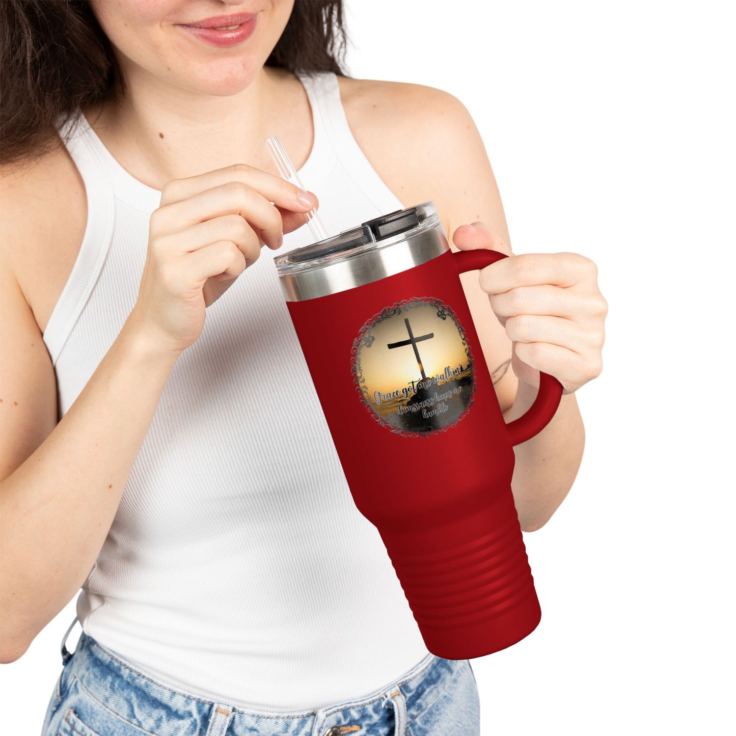 Grace Got Me Walking | 40oz Insulated Christian Travel Mug | Cross + Sun Design | 7 Colors