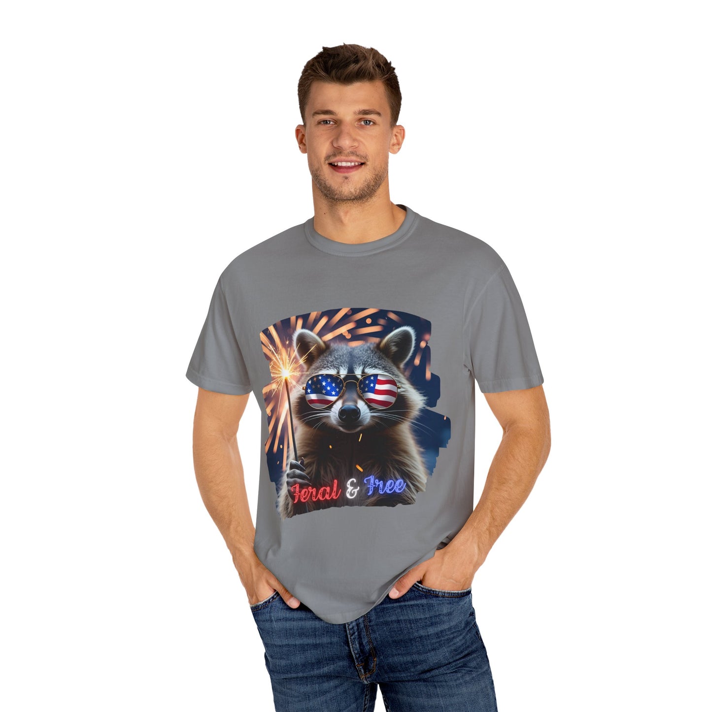 Stay wild in our “Feral & Free” tee! Featuring a raccoon rocking flag aviators, a sparkler in paw, and fireworks bursting behind—it’s pure chaotic patriotic energy for your summer vibe.