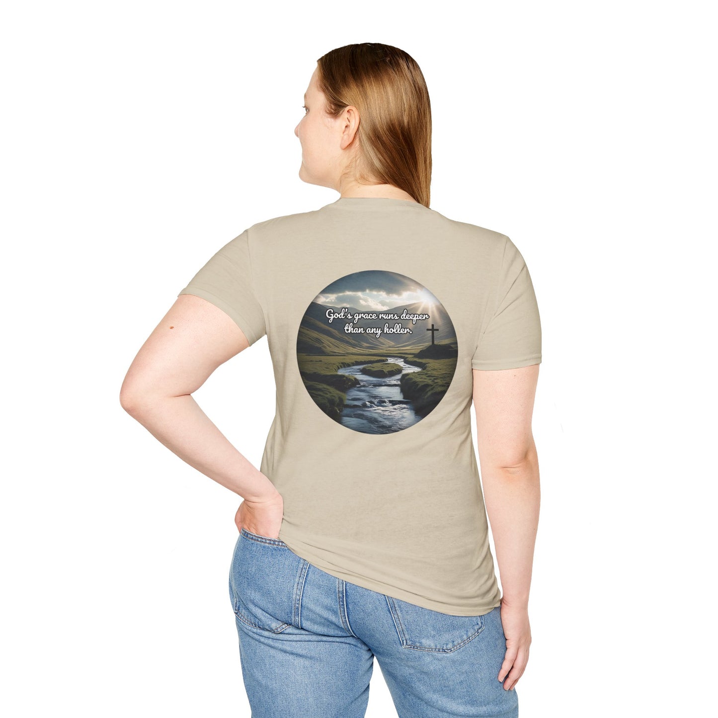 God’s Grace Runs Deeper Than Any Holler Christian Country Shirt – Faith Shirt with Mountain & Cross Back Design