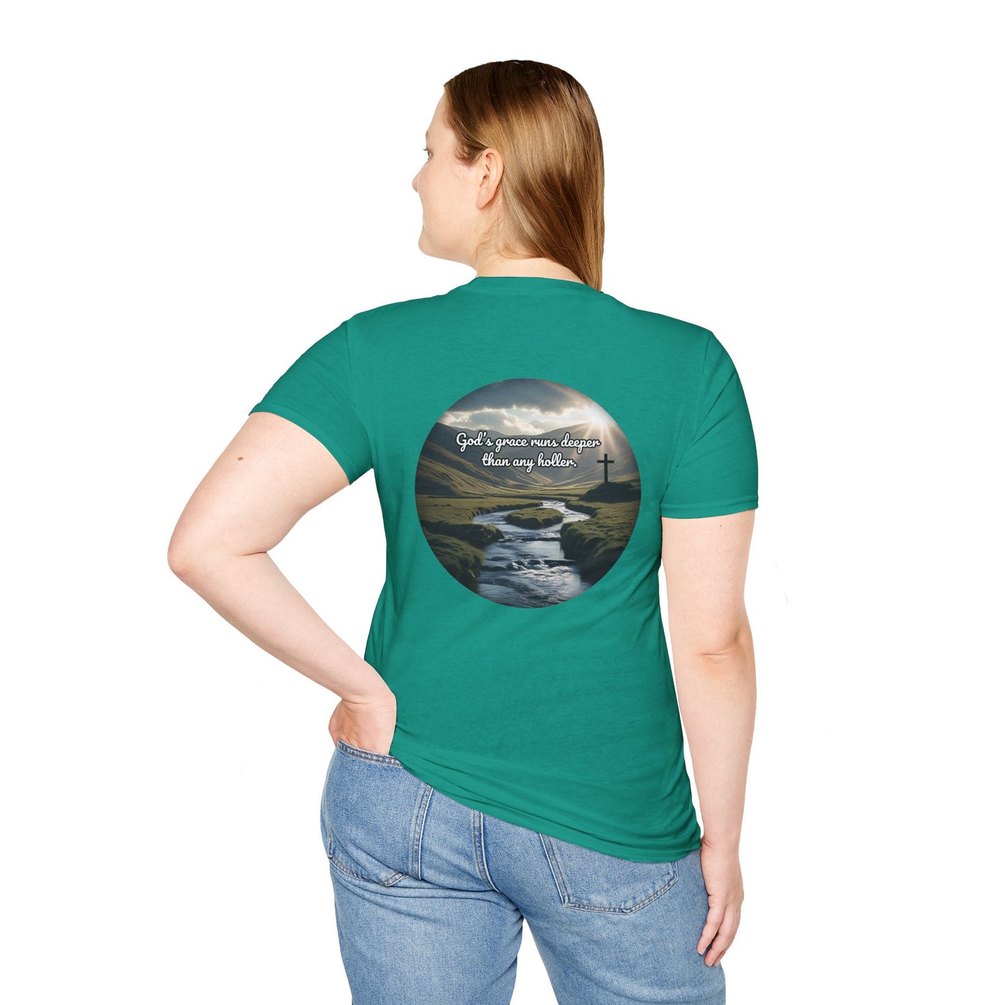 God’s Grace Runs Deeper Than Any Holler Christian Country Shirt – Faith Shirt with Mountain & Cross Back Design
