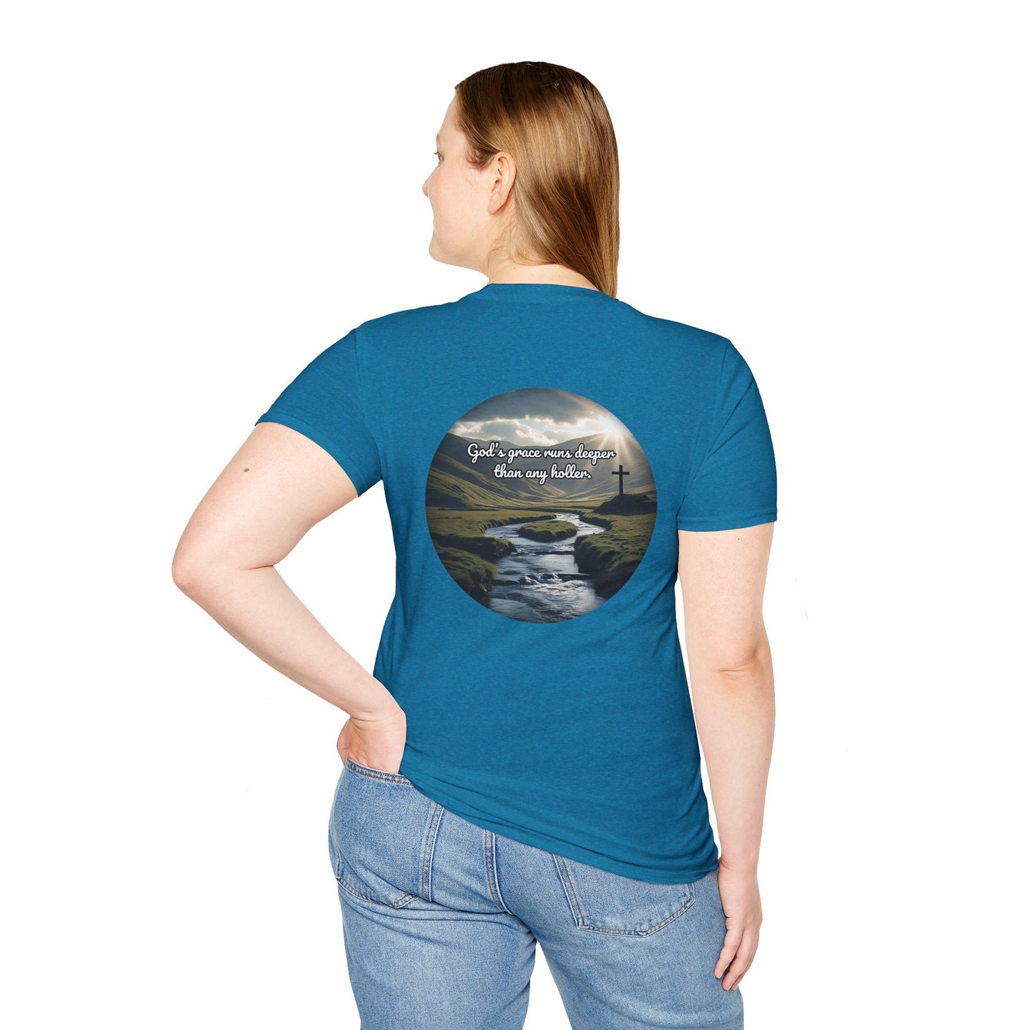 God’s Grace Runs Deeper Than Any Holler Christian Country Shirt – Faith Shirt with Mountain & Cross Back Design