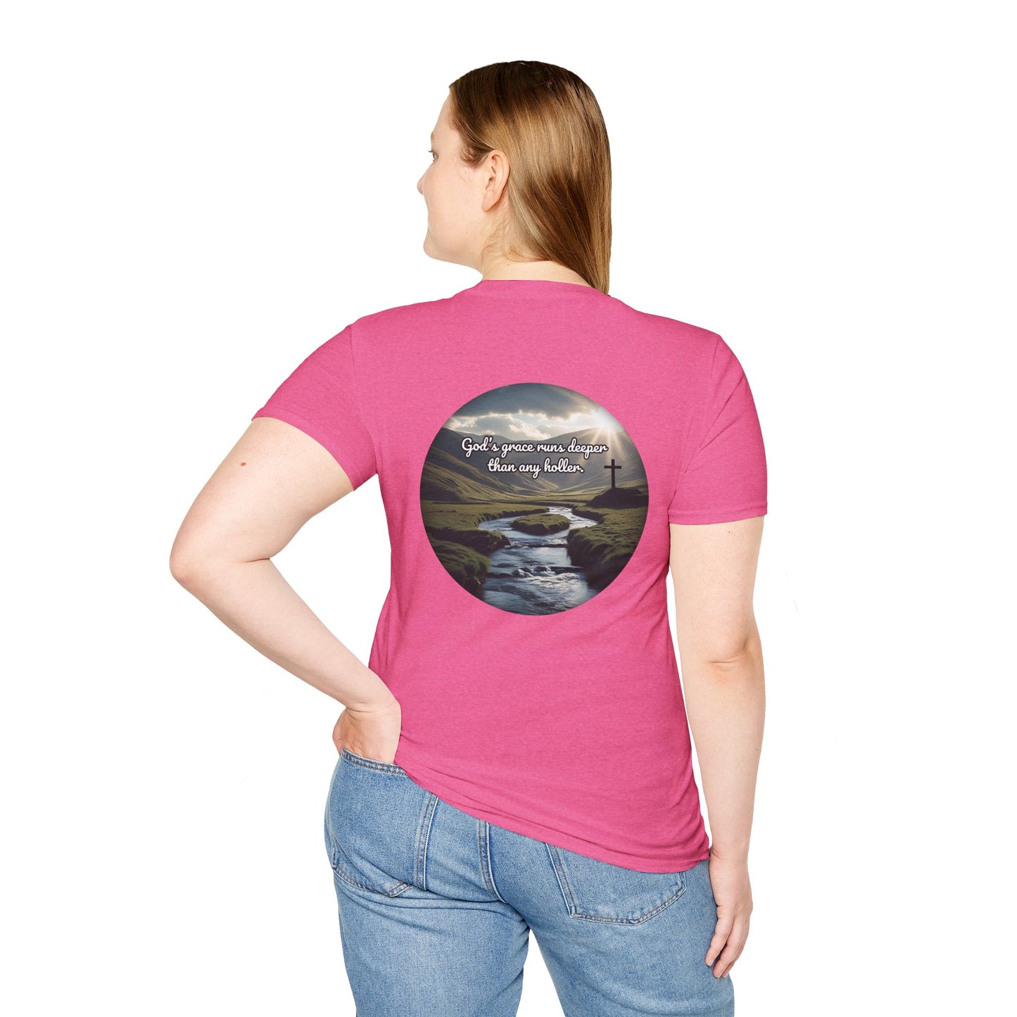 God’s Grace Runs Deeper Than Any Holler Christian Country Shirt – Faith Shirt with Mountain & Cross Back Design