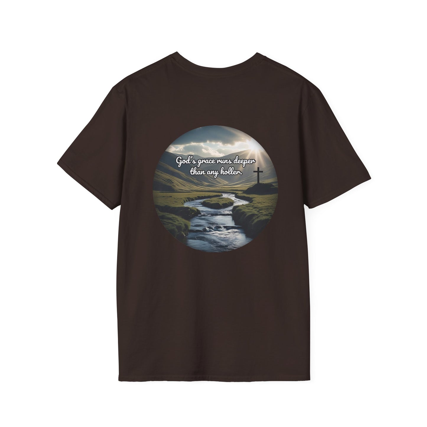 God’s Grace Runs Deeper Than Any Holler Christian Country Shirt – Faith Shirt with Mountain & Cross Back Design