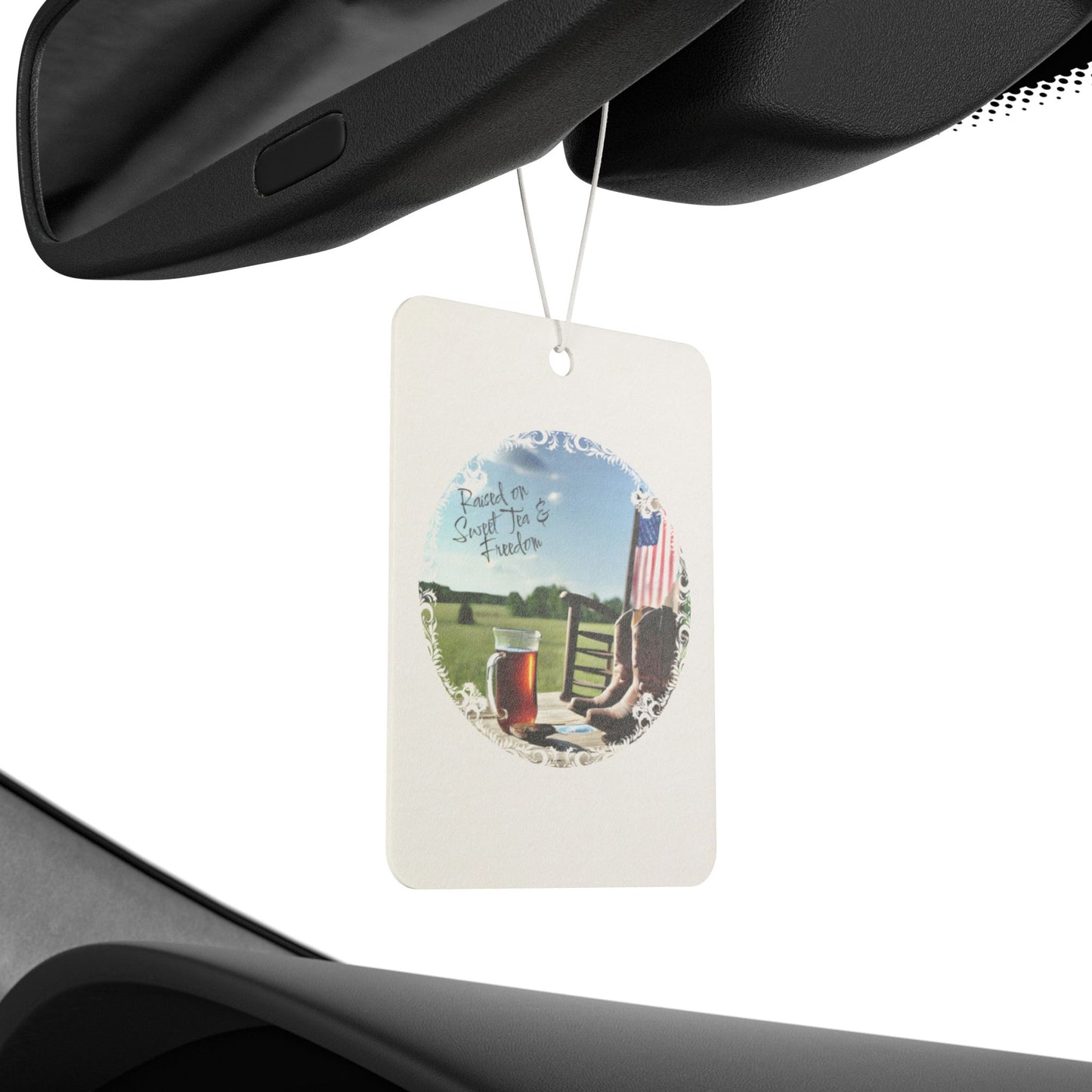 Freshen up with country charm! This “Raised on Sweet Tea and Freedom” air freshener brings sweet Southern vibes and a patriotic punch to your ride. Perfect for proud, sweet-tea-loving souls!