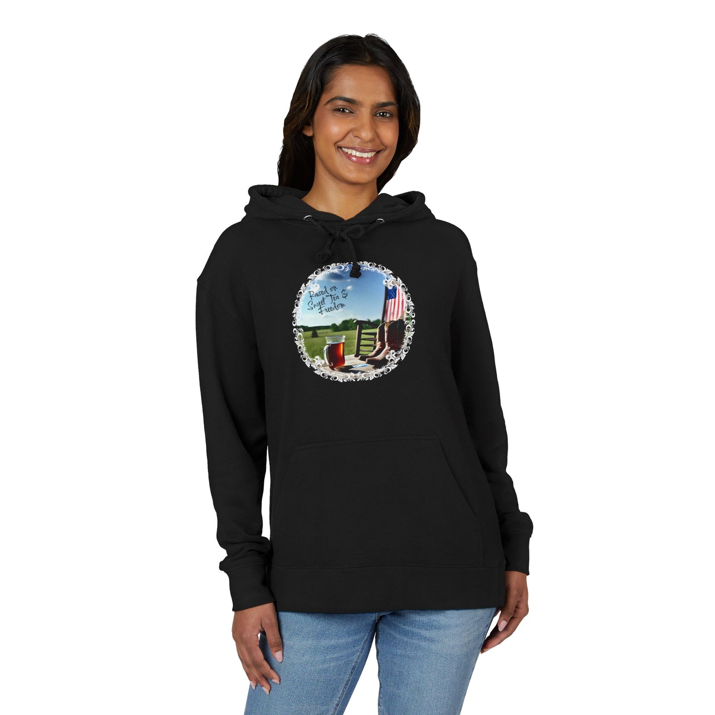 Sweet, Southern, and just a little savage. This French terry hoodie serves comfort with a side of attitude—because if you were raised on sweet tea and freedom, you already know you’re built different.