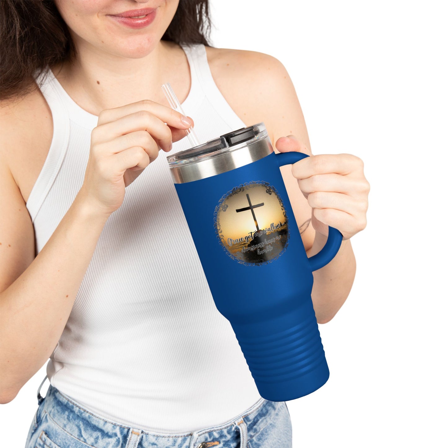 Grace Got Me Walking | 40oz Insulated Christian Travel Mug | Cross + Sun Design | 7 Colors