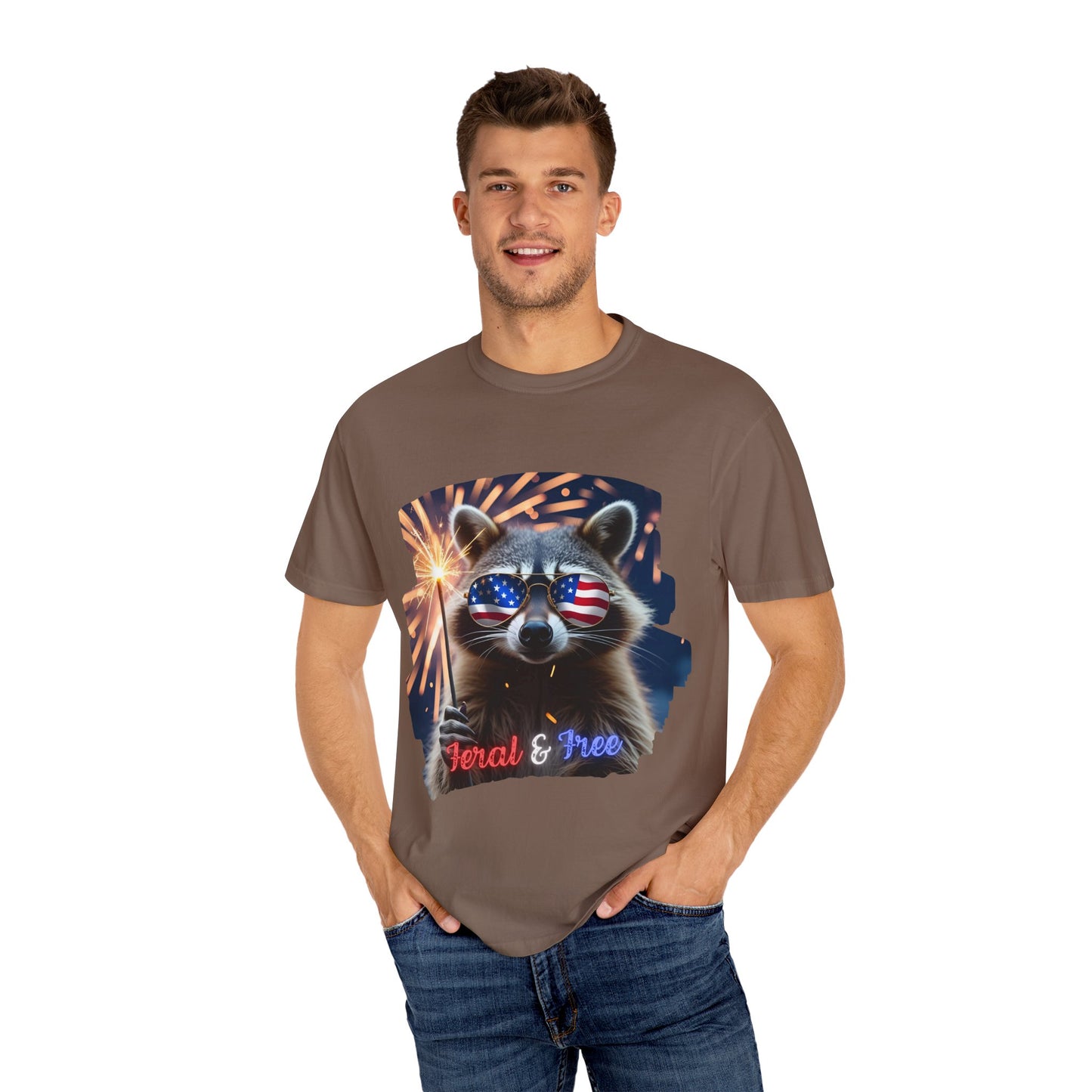 Stay wild in our “Feral & Free” tee! Featuring a raccoon rocking flag aviators, a sparkler in paw, and fireworks bursting behind—it’s pure chaotic patriotic energy for your summer vibe.