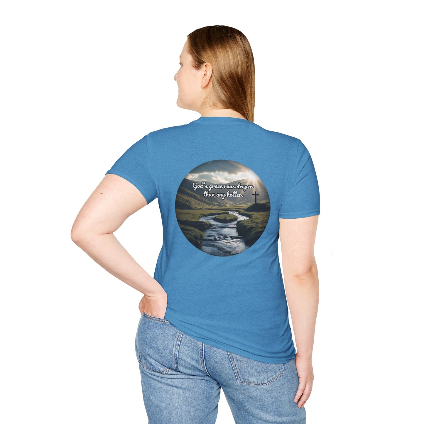 God’s Grace Runs Deeper Than Any Holler Christian Country Shirt – Faith Shirt with Mountain & Cross Back Design