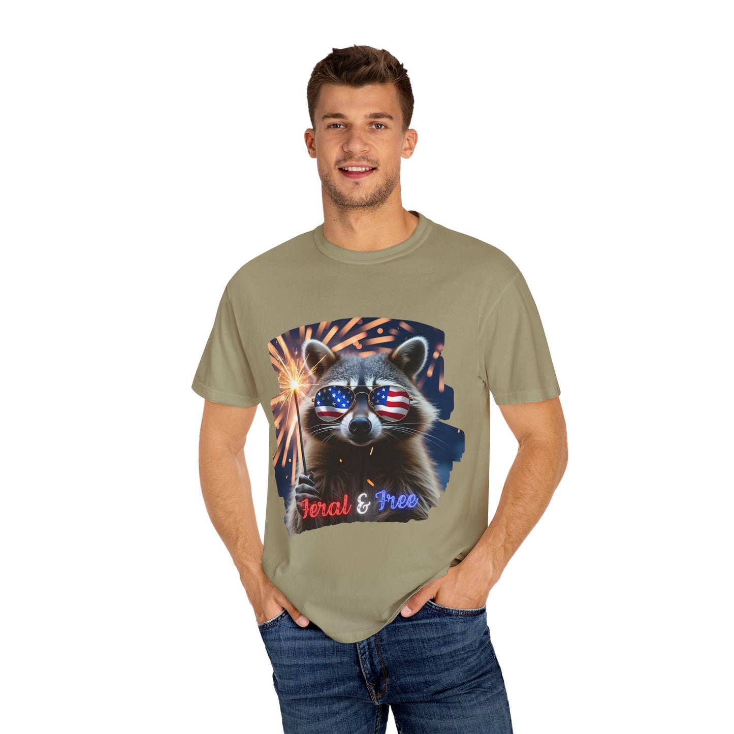 Stay wild in our “Feral & Free” tee! Featuring a raccoon rocking flag aviators, a sparkler in paw, and fireworks bursting behind—it’s pure chaotic patriotic energy for your summer vibe.