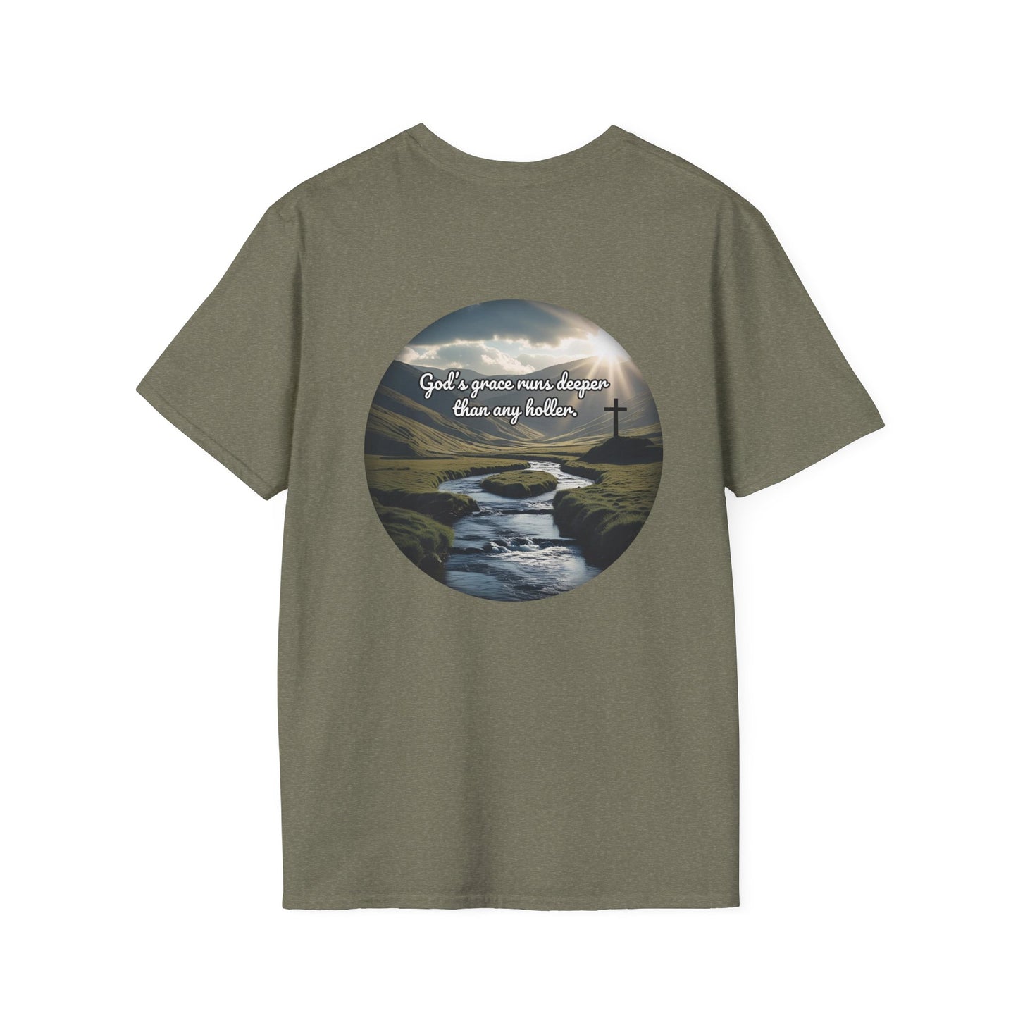 God’s Grace Runs Deeper Than Any Holler Christian Country Shirt – Faith Shirt with Mountain & Cross Back Design