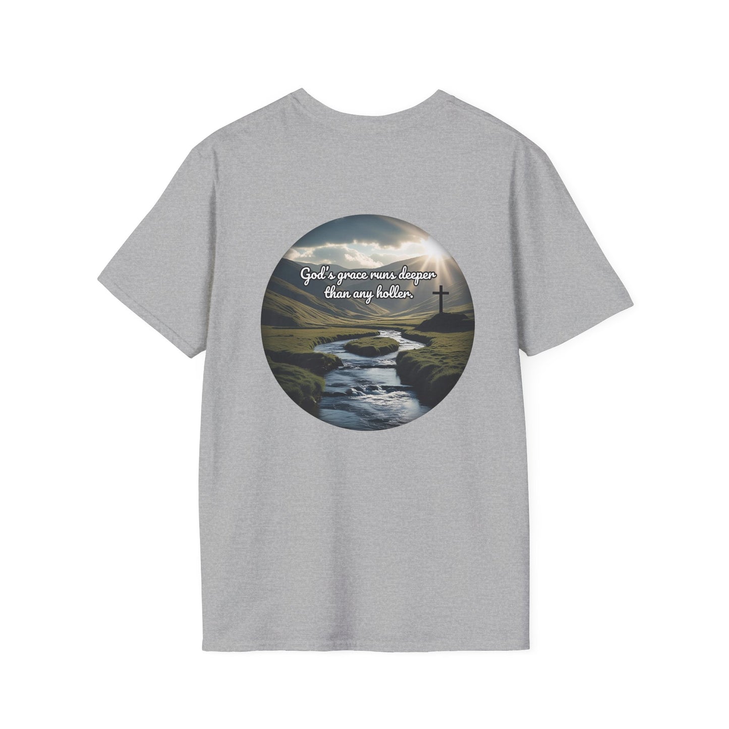 God’s Grace Runs Deeper Than Any Holler Christian Country Shirt – Faith Shirt with Mountain & Cross Back Design