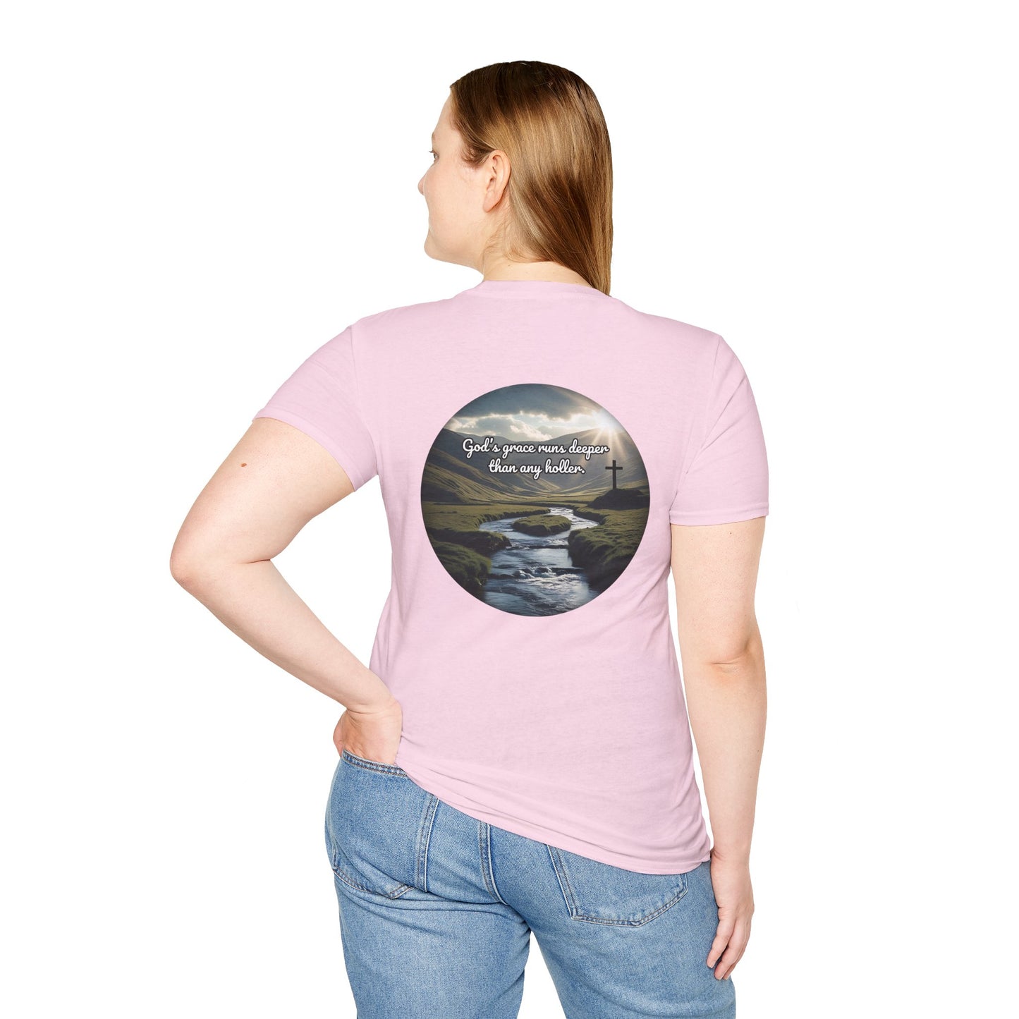 God’s Grace Runs Deeper Than Any Holler Christian Country Shirt – Faith Shirt with Mountain & Cross Back Design