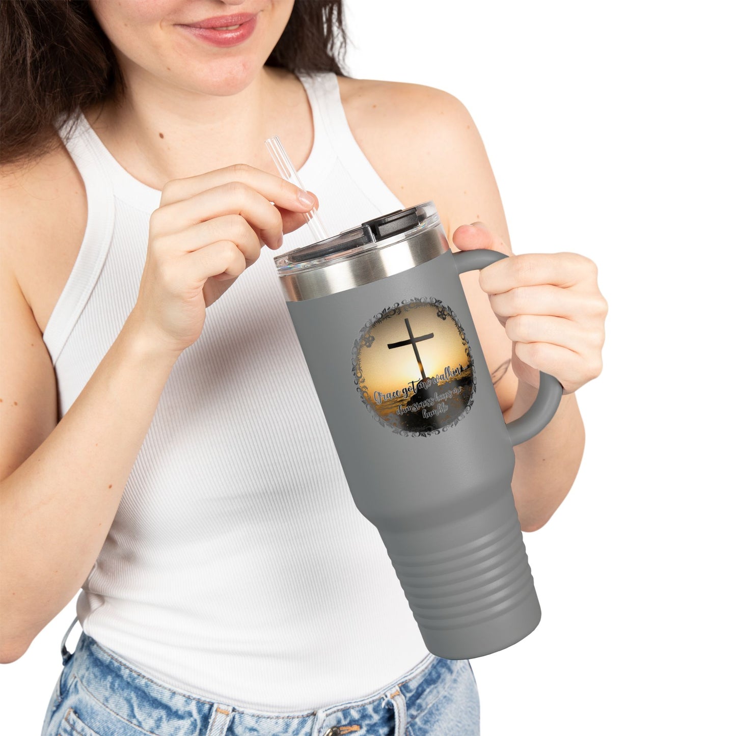 Grace Got Me Walking | 40oz Insulated Christian Travel Mug | Cross + Sun Design | 7 Colors