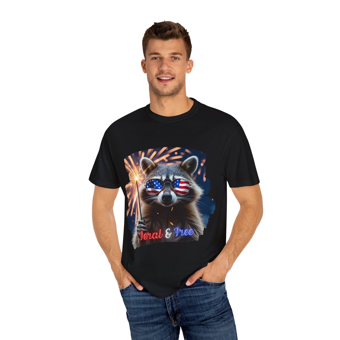Stay wild in our “Feral & Free” tee! Featuring a raccoon rocking flag aviators, a sparkler in paw, and fireworks bursting behind—it’s pure chaotic patriotic energy for your summer vibe.