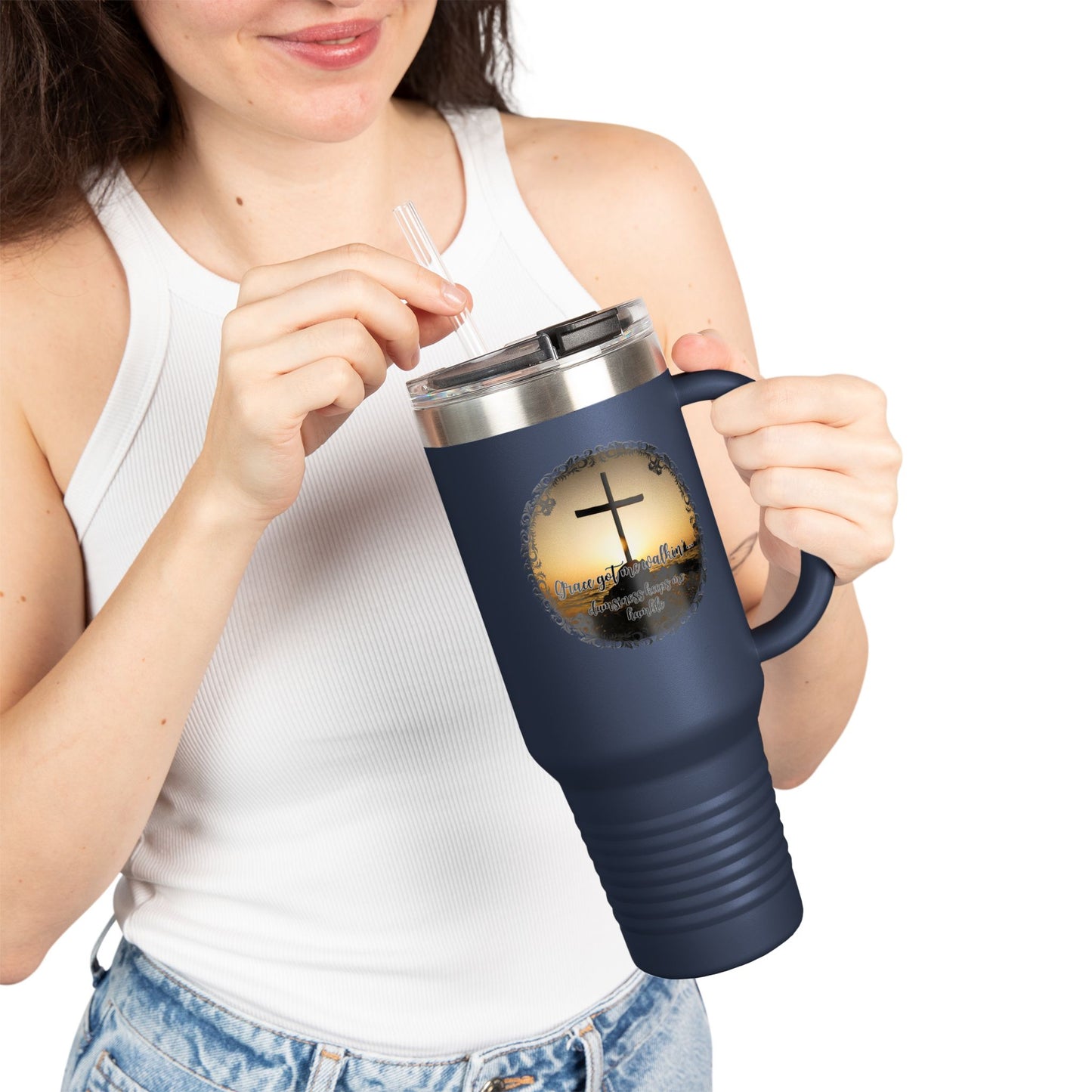Grace Got Me Walking | 40oz Insulated Christian Travel Mug | Cross + Sun Design | 7 Colors
