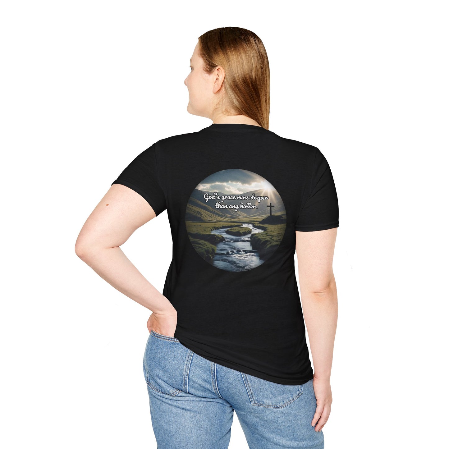 God’s Grace Runs Deeper Than Any Holler Christian Country Shirt – Faith Shirt with Mountain & Cross Back Design