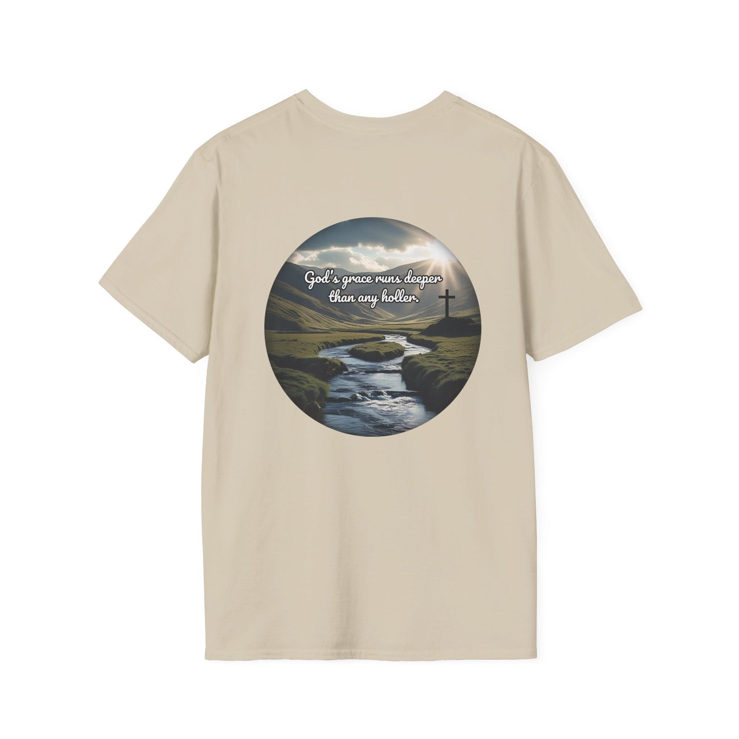 God’s Grace Runs Deeper Than Any Holler Christian Country Shirt – Faith Shirt with Mountain & Cross Back Design