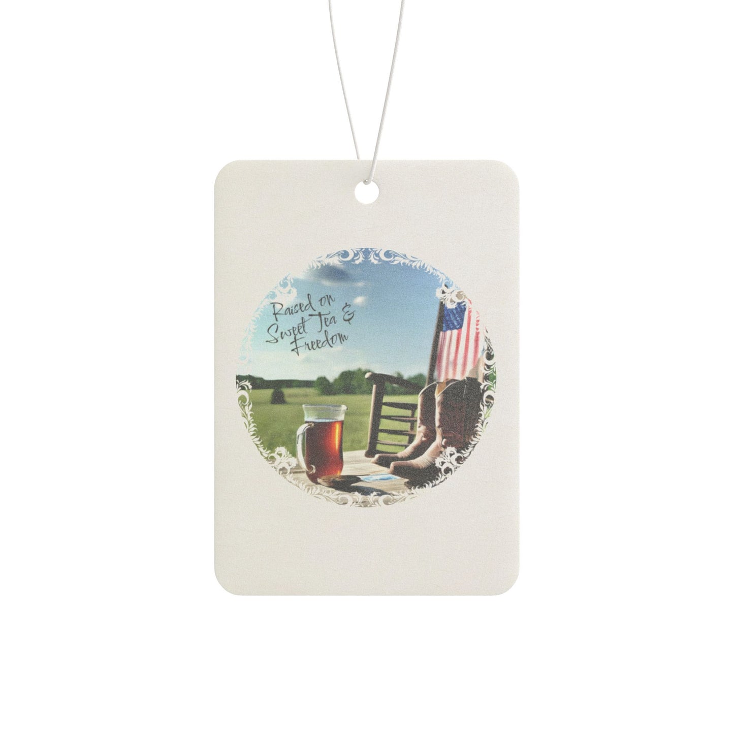 Freshen up with country charm! This “Raised on Sweet Tea and Freedom” air freshener brings sweet Southern vibes and a patriotic punch to your ride. Perfect for proud, sweet-tea-loving souls!