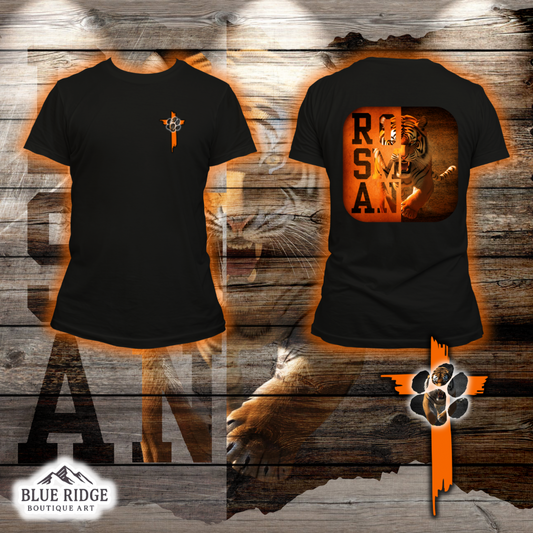 Rosman Tigers Faith & Pride Tee – Cross & Paw Front | Bold Tiger Back Design